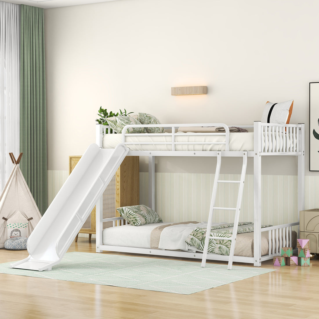Metal Bunk Bed With Slide, Twin Over Twin, White Box Spring Not Required White Metal Bedroom Metal