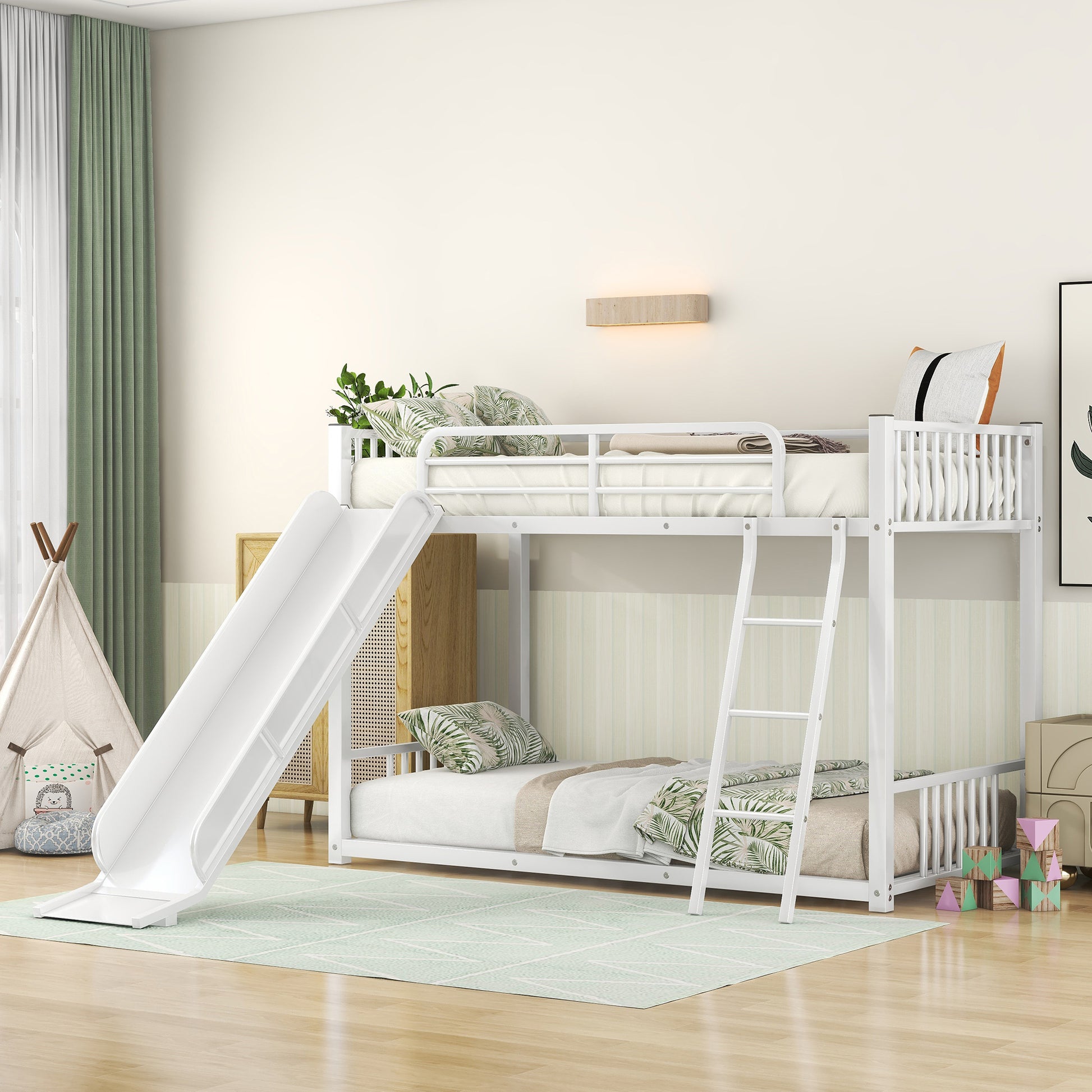 Metal Bunk Bed With Slide, Twin Over Twin, White Box Spring Not Required White Metal Bedroom Metal