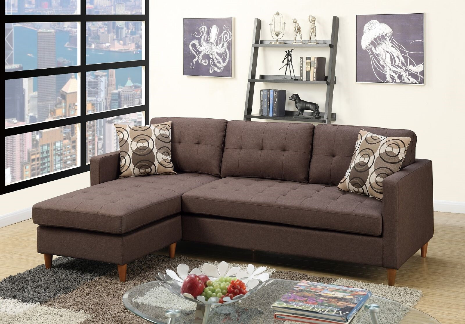 Chocolate Polyfiber Sectional Sofa Living Room Furniture Reversible Chaise Couch Pillows Tufted Back Modular Sectionals Chocolate Wood Primary Living Space Tufted Back Contemporary,Modern L Shaped Pine Square Arms Fabric 4 Seat