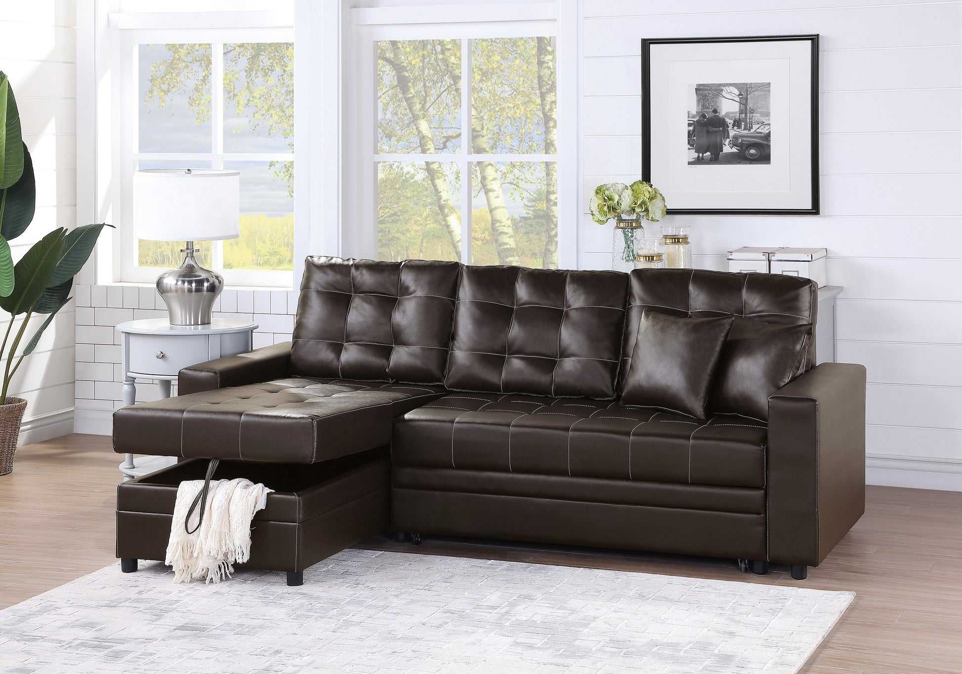 Espresso Convertible Sectional Pull Out Bed Sofa Chaise Reversible Storage Chaise Polyfiber Tufted Couch Lounge Espresso Wood Primary Living Space Tufted Back Contemporary,Modern L Shaped Pine Square Arms Plywood 4 Seat