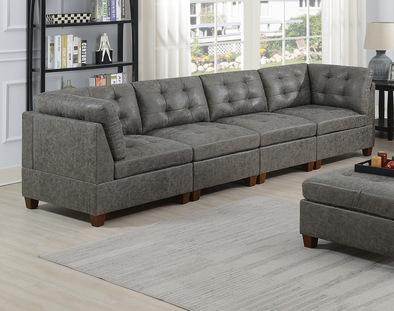 Living Room Furniture Antique Grey Modular Sofa Set 8Pc Set Tufted Couch 4X Corner Wedge 3X Armless Chairs And 1X Ottoman Antique Gray Wood Primary Living Space Tufted Back Contemporary,Modern,Transitional Modular Faux Leather 8 Seat