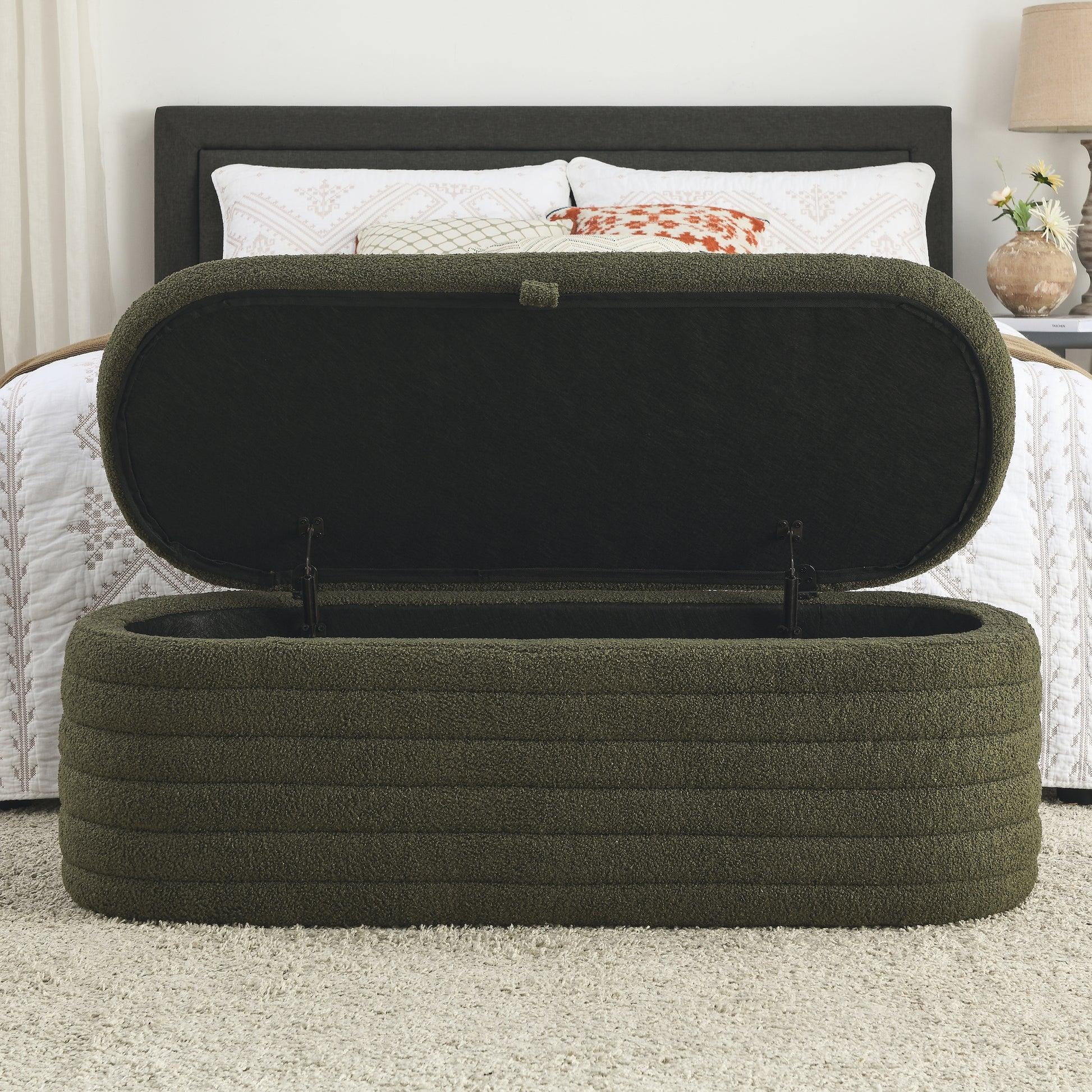 Video Welike Length 45.5 Inchesstorage Ottoman Bench Upholstered Fabric Storage Bench End Of Bed Stool With Safety Hinge For Bedroom, Living Room, Entryway, Green Teddy. Green Foam Fabric