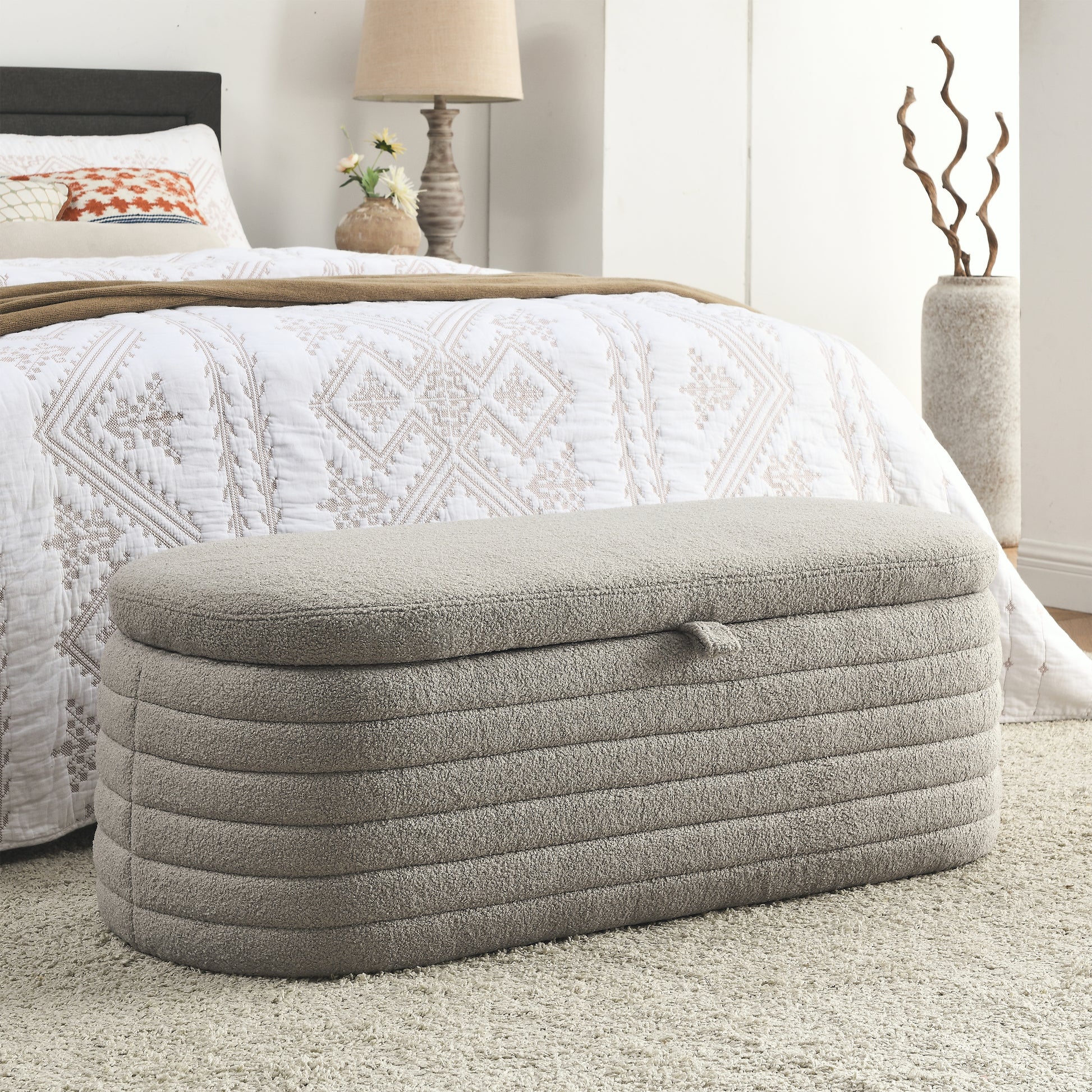 Video Welike Length 45.5 Inchesstorage Ottoman Bench Upholstered Fabric Storage Bench End Of Bed Stool With Safety Hinge For Bedroom, Living Room, Entryway, Grey Teddy. Grey Foam Fabric