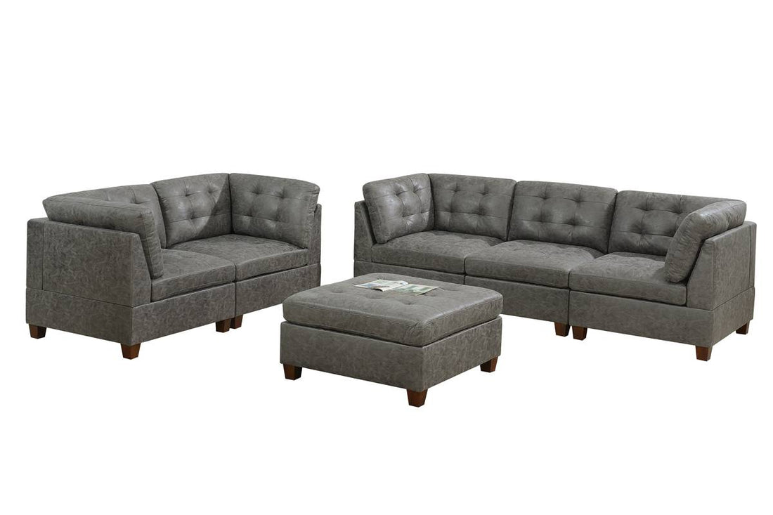 Living Room Furniture Antique Grey Modular Sofa Set 6Pc Set Tufted Couch 4X Corner Wedge 1X Armless Chair And 1X Ottoman Antique Gray Wood Primary Living Space Tufted Back Contemporary,Modern,Transitional Modular Faux Leather 6 Seat