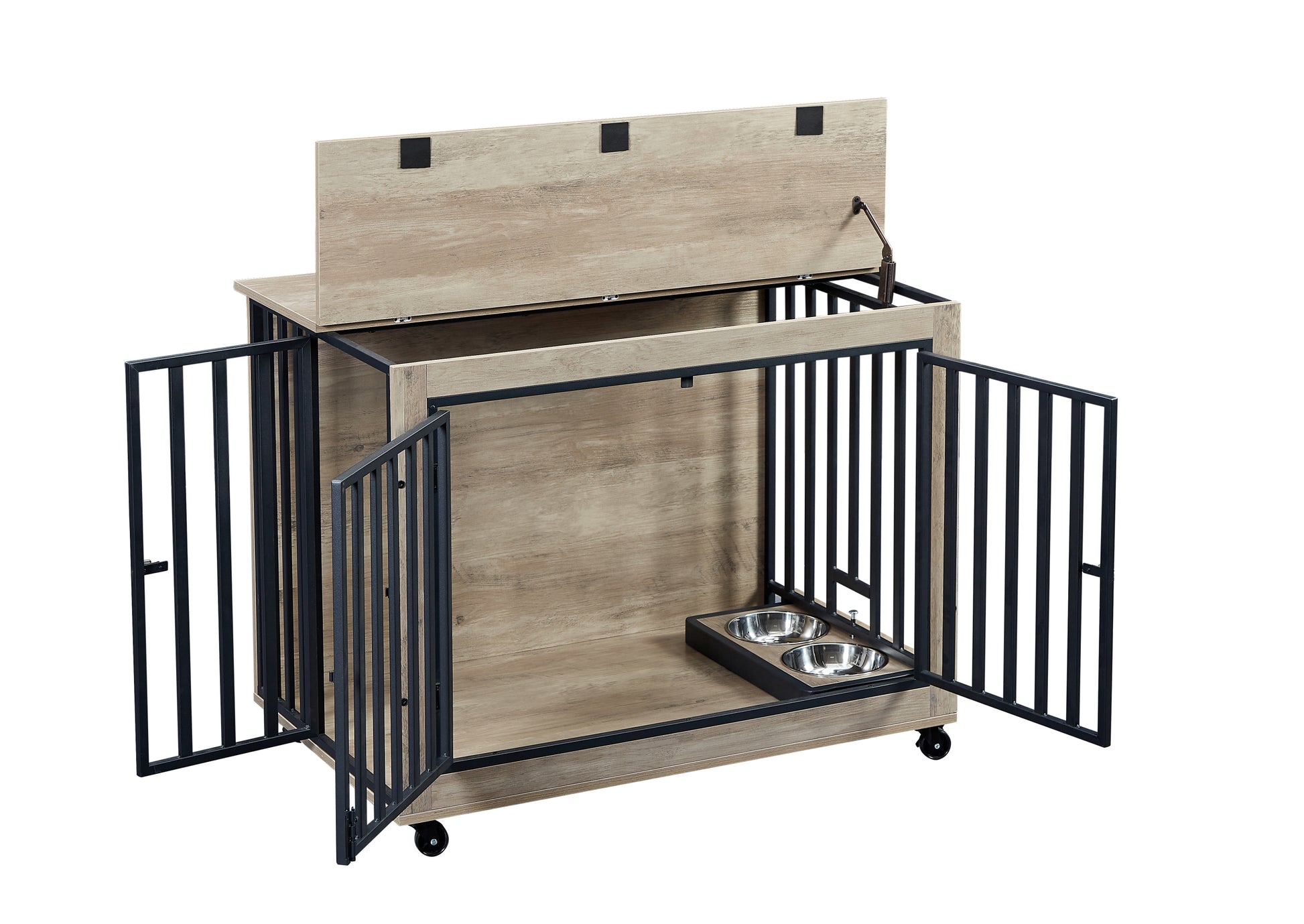 Furniture Style Dog Crate Side Table With Feeding Bowl, Wheels, Three Doors, Flip Up Top Opening. Indoor, Grey, 38.58"W X 25.2"D X 27.17"H Grey Particle Board