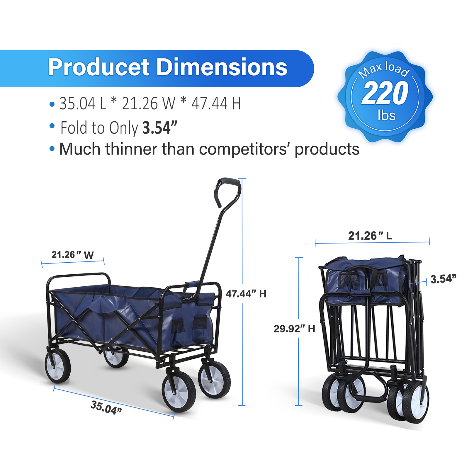 Yssoa Rolling Collapsible Garden Cart Camping Wagon, With 360 Degree Swivel Wheels & Adjustable Handle, 220Lbs Weight Capacity,Blue Blue Steel