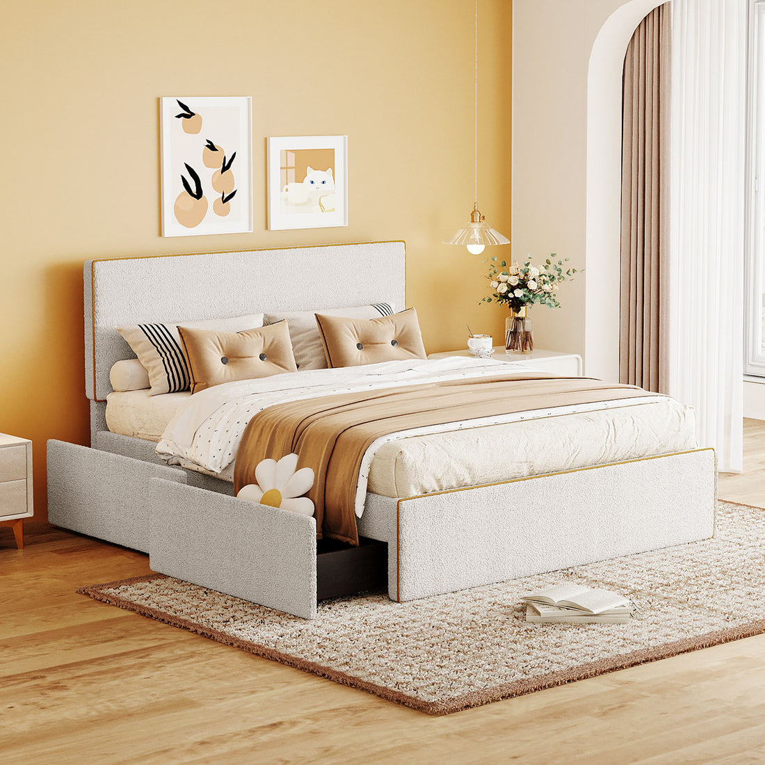 Full Size Upholstered Platform Bed With 4 Drawers And Golden Edge On The Headboard & Footboard, White Full White Upholstered