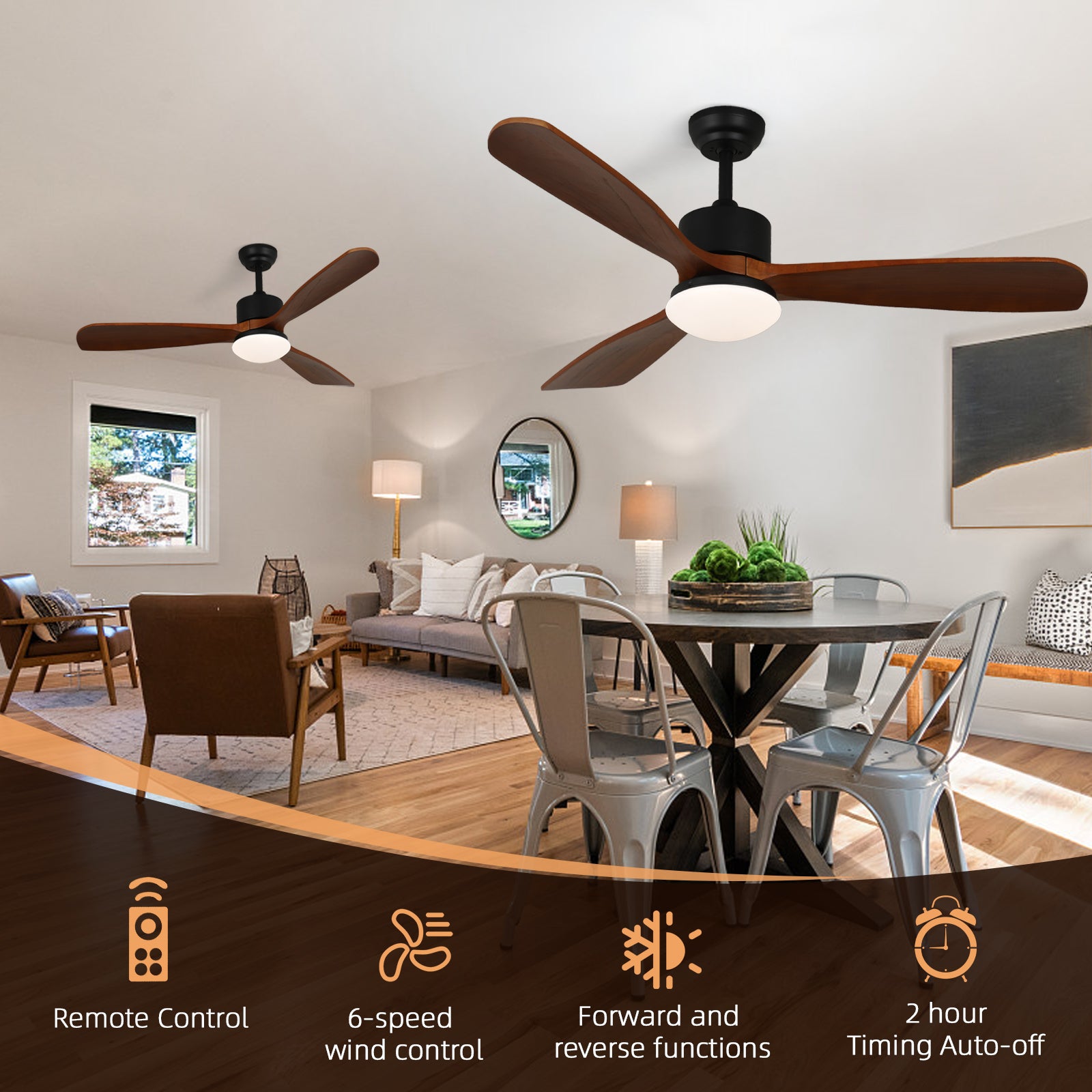 52" Wood Colour Straight Blade Ceiling Fan Light