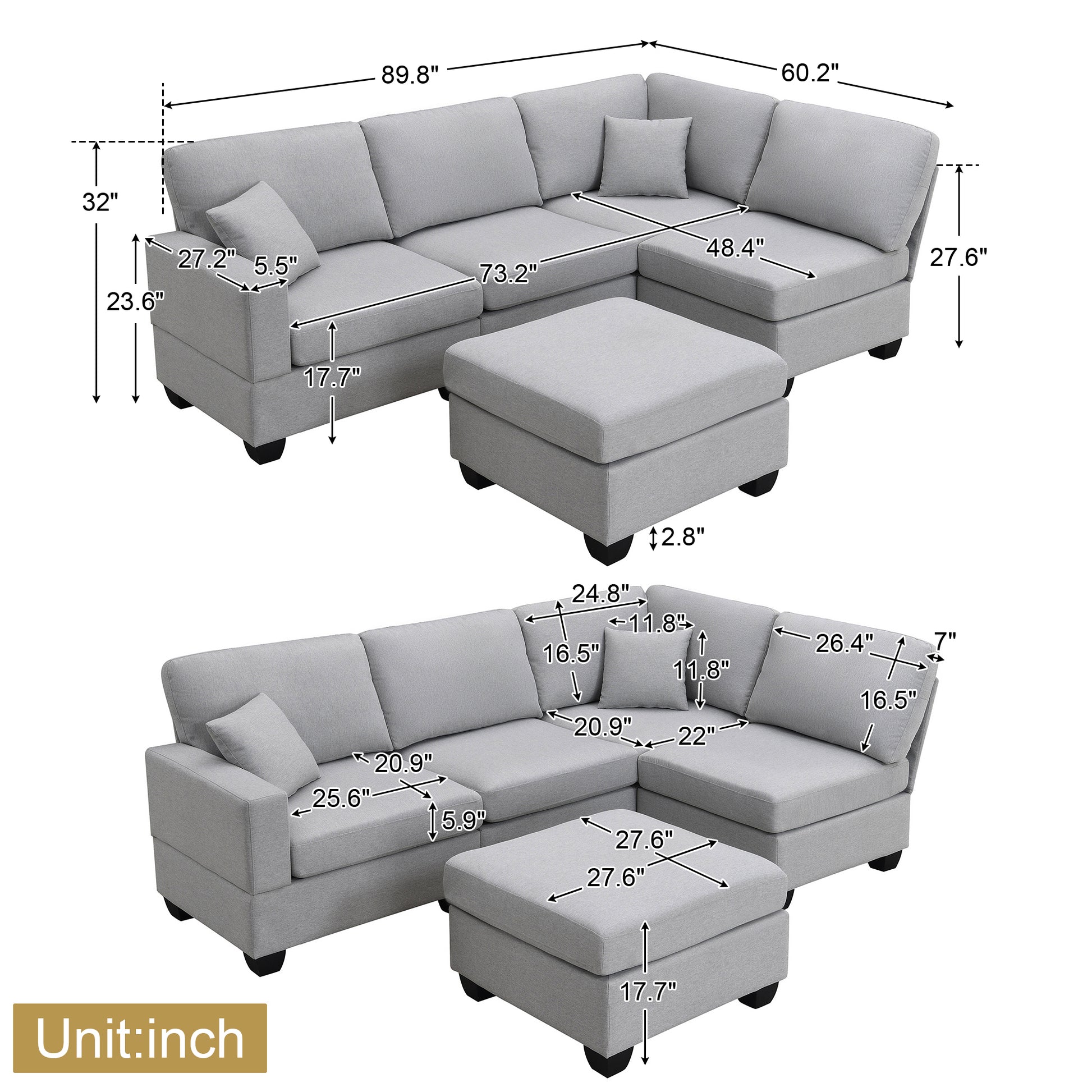 89.8*60.2" Modern Sectional Sofa,5 Seat Modular Couch Set With Convertible Ottoman,L Shape Linen Fabric Corner Couch Set With 2 Pillows For Living Room,Apartment,Office, 3 Colors Grey Linen