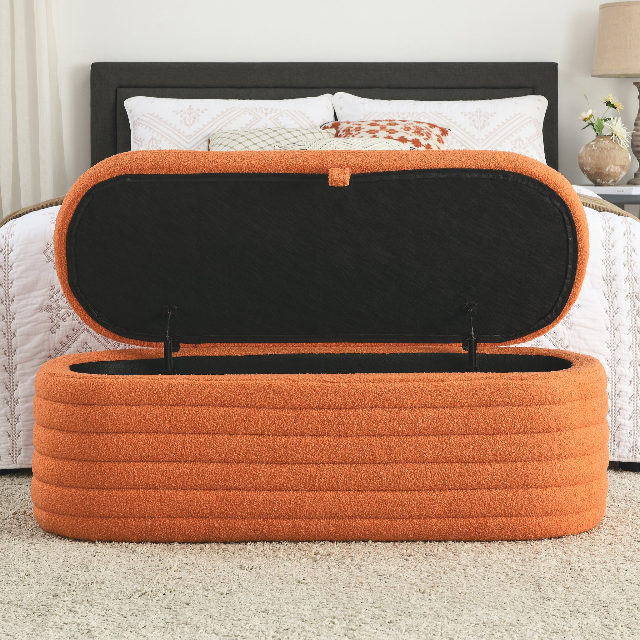 Video Welike Length 45.5 Inchesstorage Ottoman Bench Upholstered Fabric Storage Bench End Of Bed Stool With Safety Hinge For Bedroom, Living Room, Entryway, Orange Teddy. Orange Foam Fabric