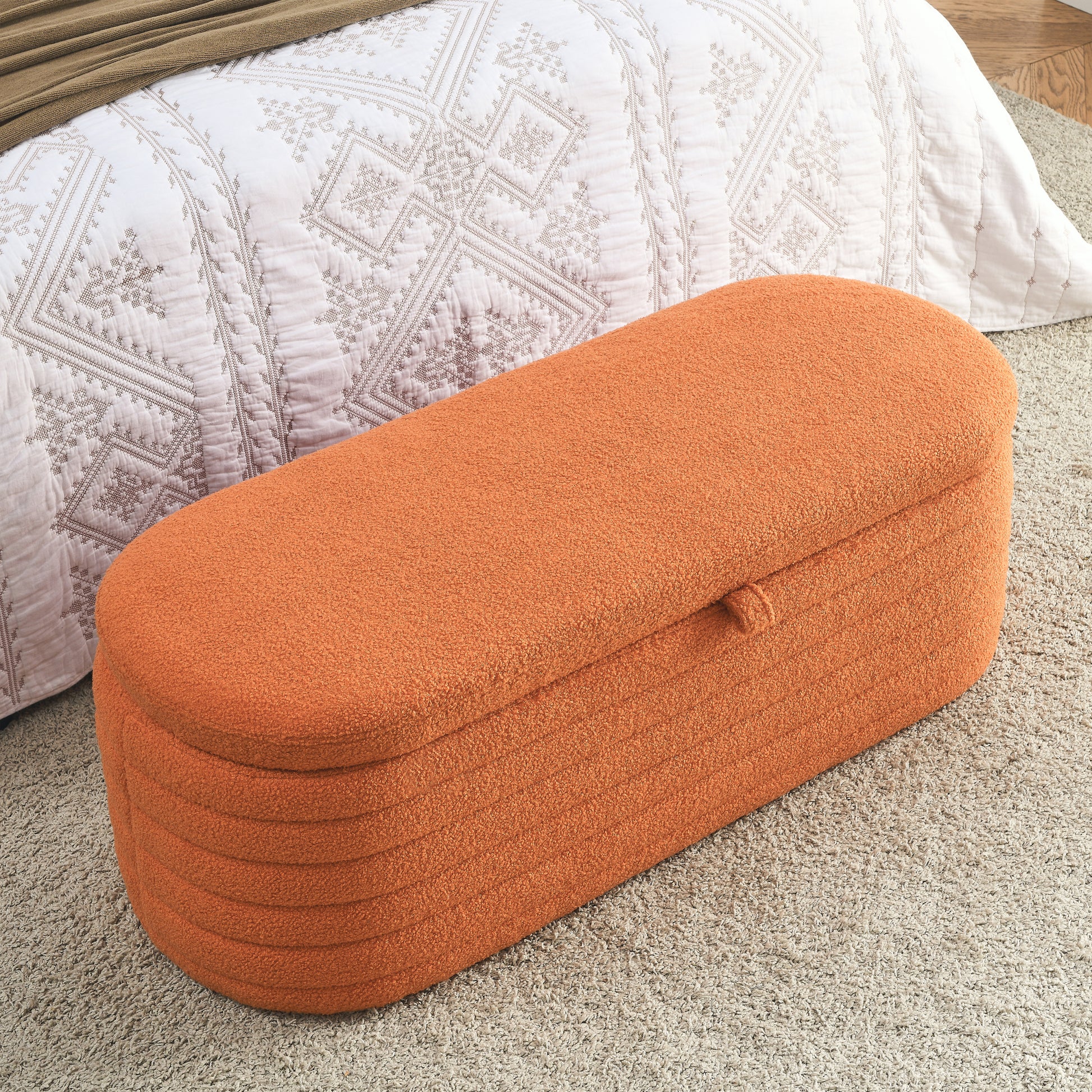 Video Welike Length 45.5 Inchesstorage Ottoman Bench Upholstered Fabric Storage Bench End Of Bed Stool With Safety Hinge For Bedroom, Living Room, Entryway, Orange Teddy. Orange Foam Fabric