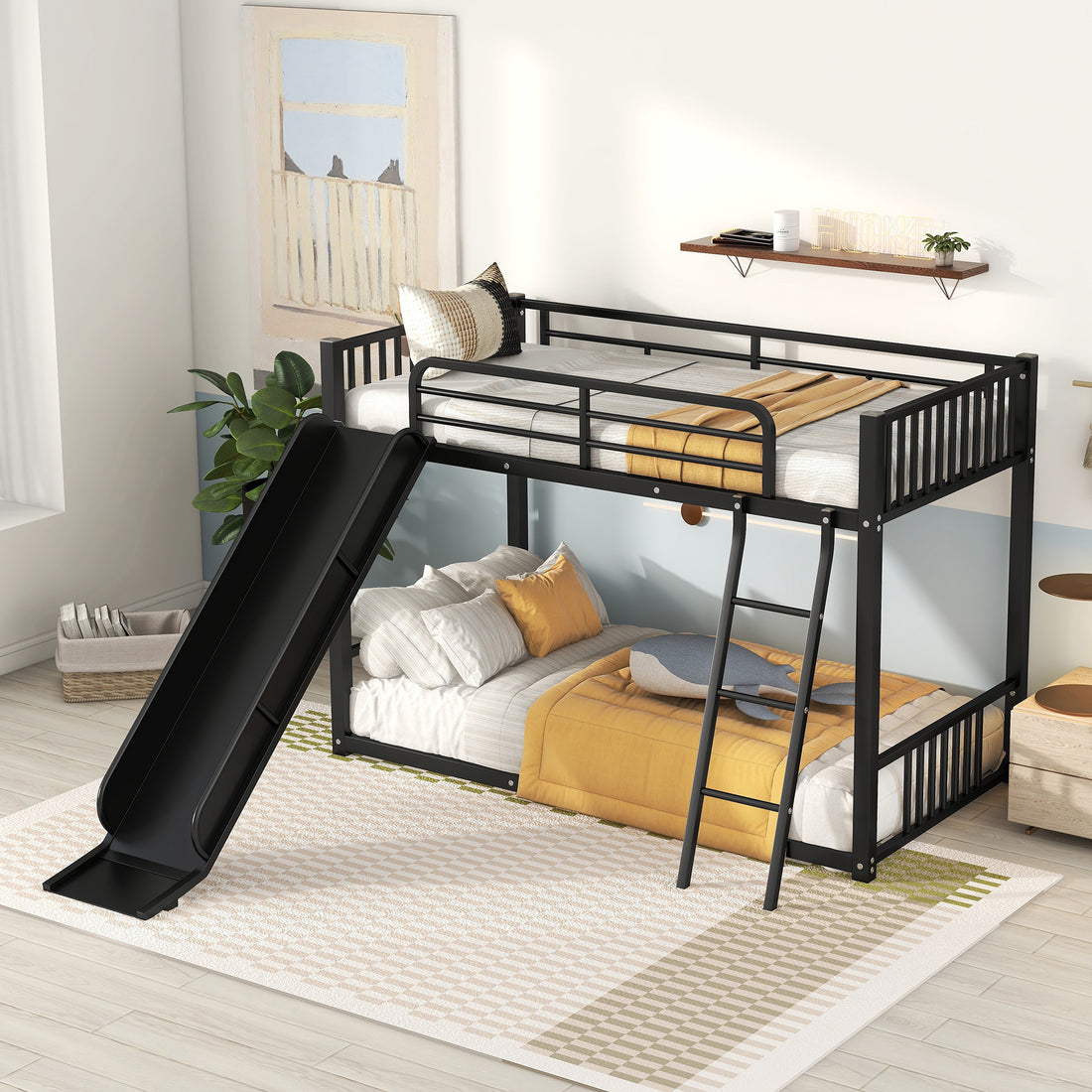 Metal Bunk Bed With Slide, Twin Over Twin, Black Box Spring Not Required Black Metal Bedroom Metal