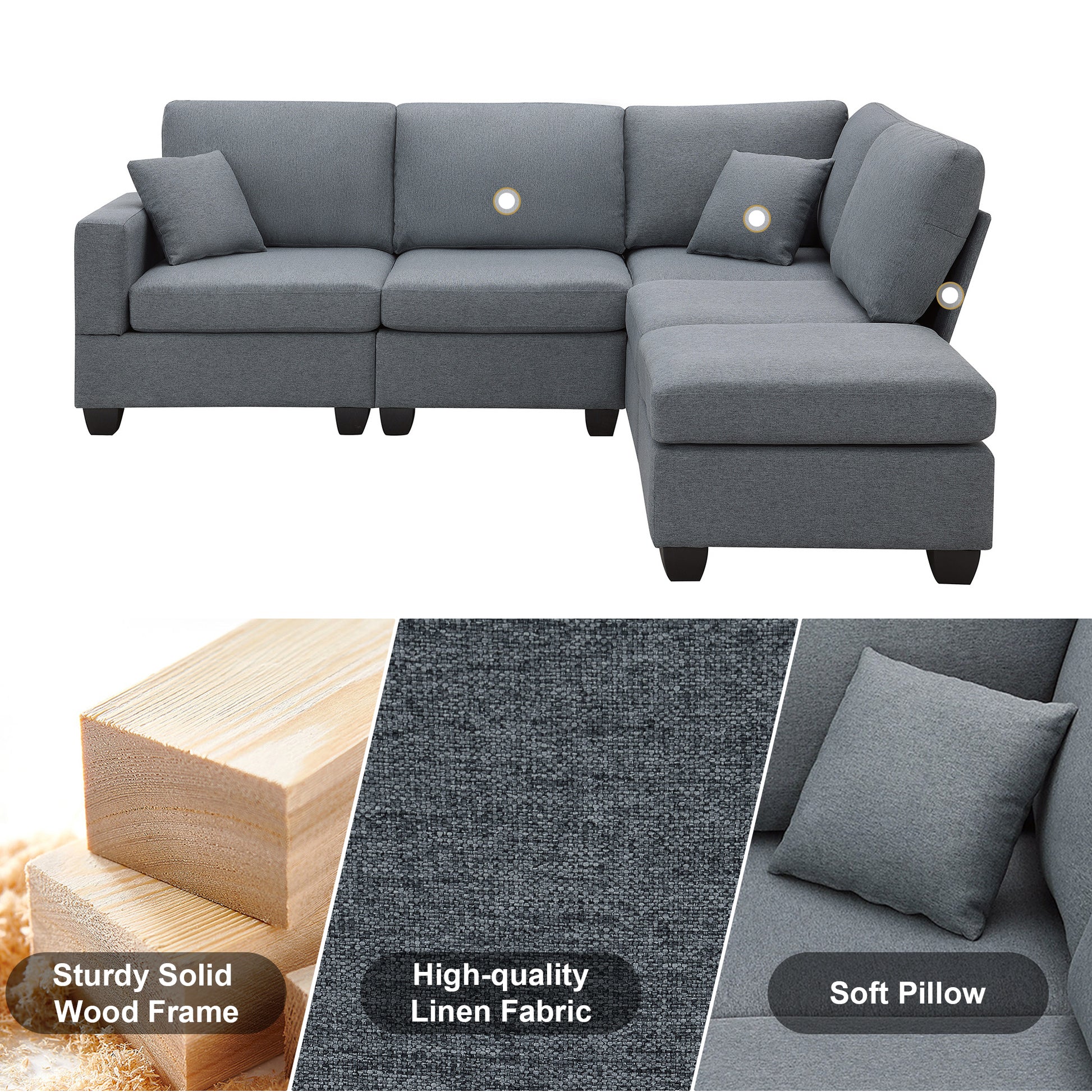 89.8*60.2" Modern Sectional Sofa,5 Seat Modular Couch Set With Convertible Ottoman,L Shape Linen Fabric Corner Couch Set With 2 Pillows For Living Room,Apartment,Office, 3 Colors Dark Grey Linen