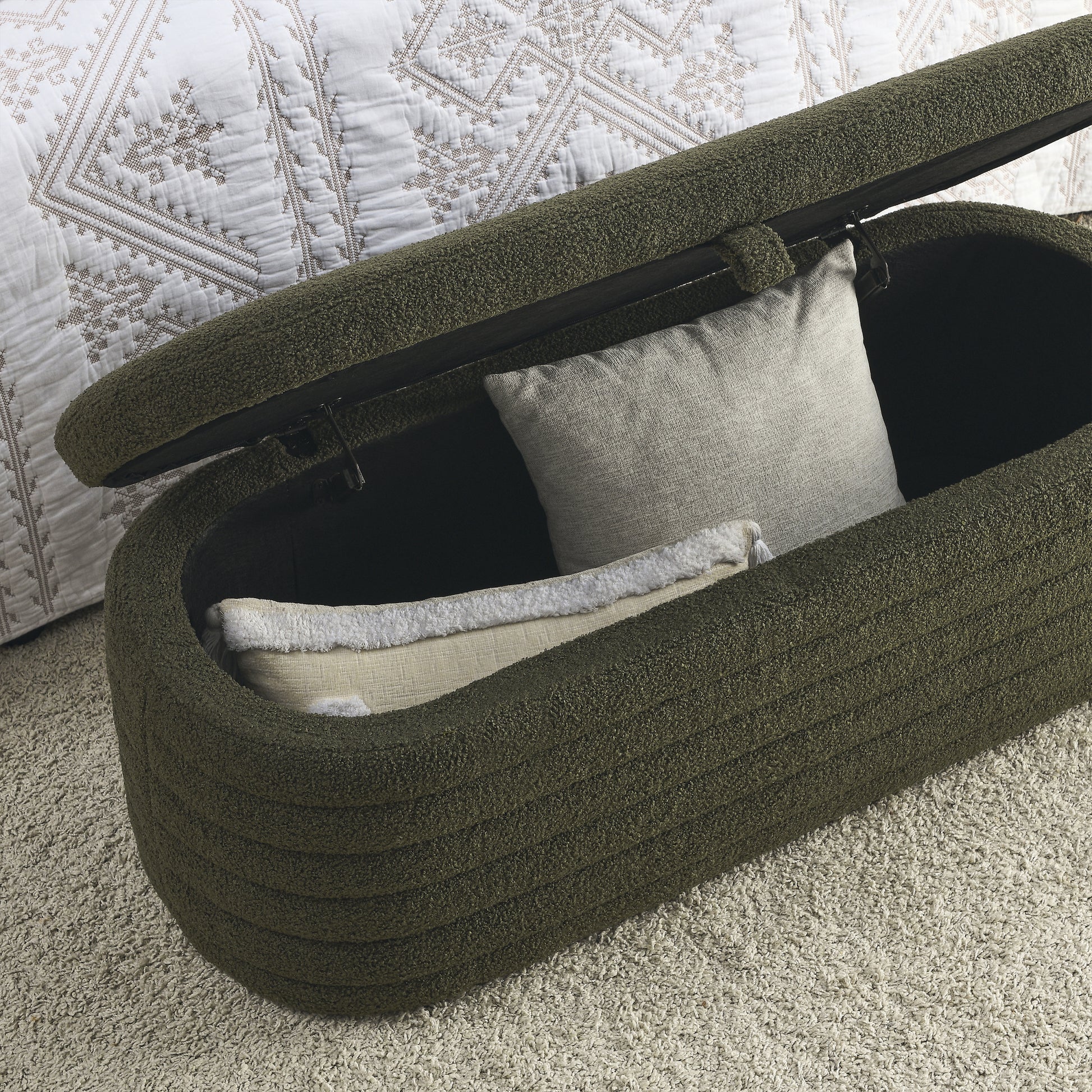 Video Welike Length 45.5 Inchesstorage Ottoman Bench Upholstered Fabric Storage Bench End Of Bed Stool With Safety Hinge For Bedroom, Living Room, Entryway, Green Teddy. Green Foam Fabric