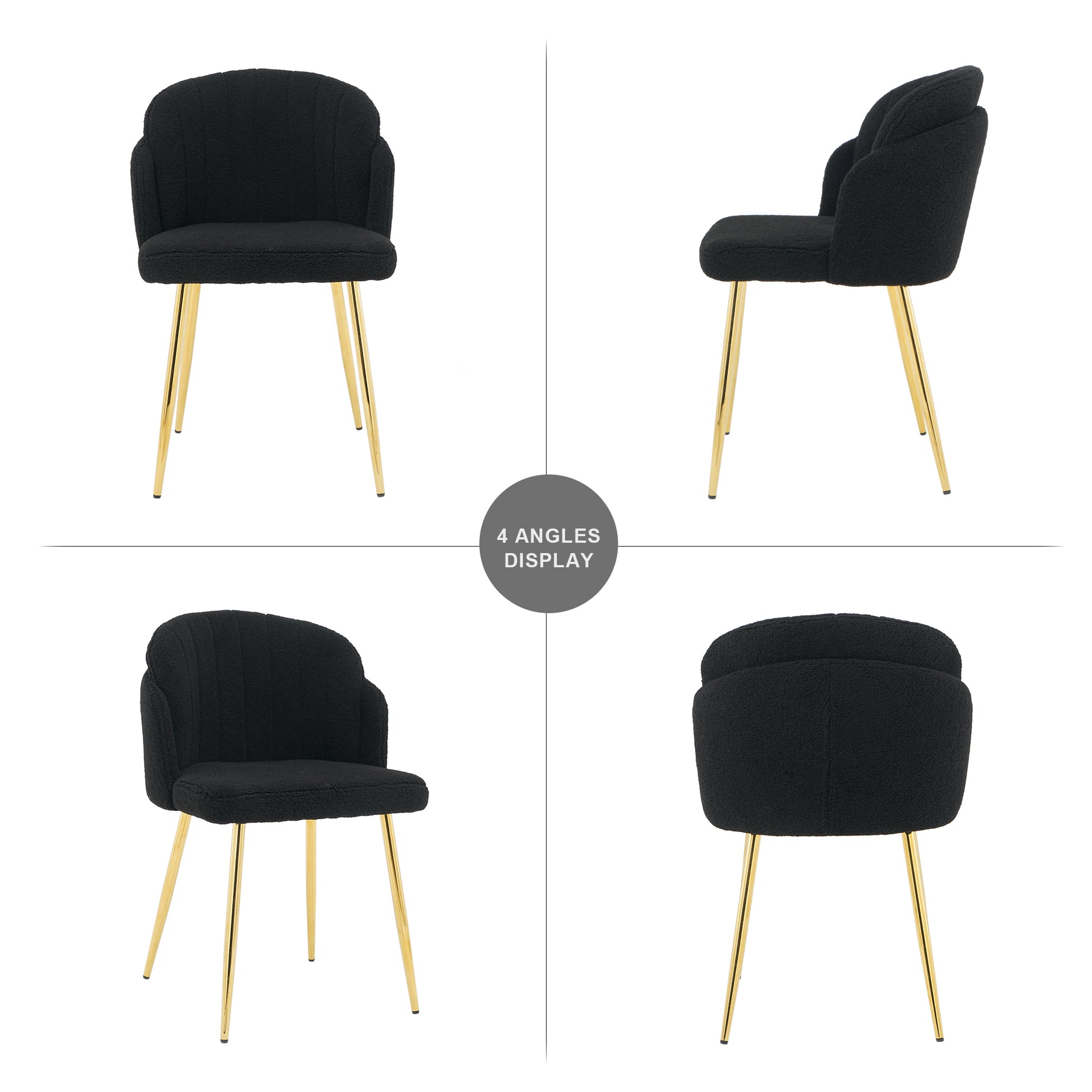 Modern Simple Black Teddy Fleece Dining Chair Fabric Upholstered Chairs Home Bedroom Stool Back Dressing Chair Gold Metal Legs Set Of 2 Black Foam Metal
