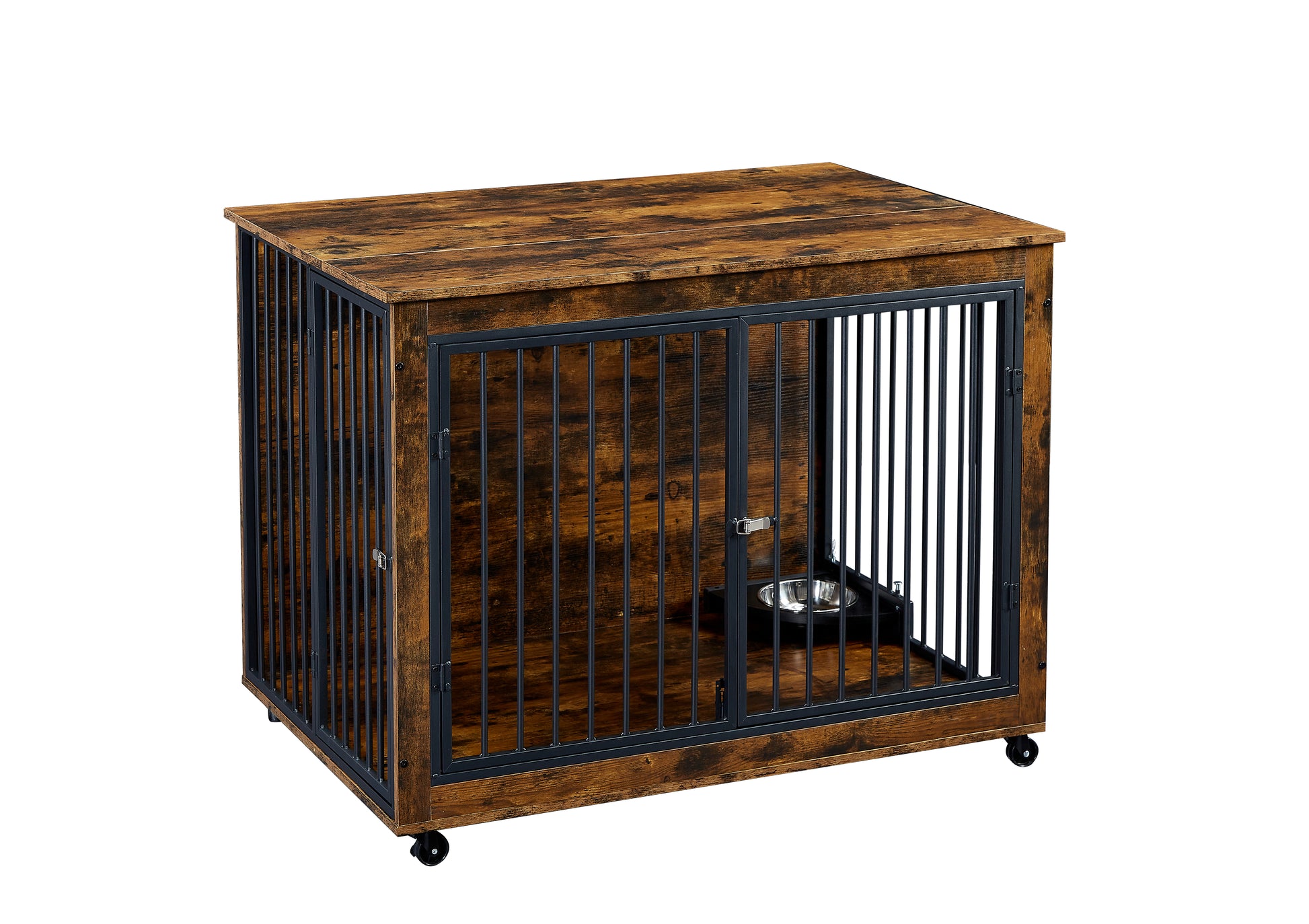 Furniture Style Dog Crate Side Table With Rotatable Feeding Bowl, Wheels, Three Doors, Flip Up Top Opening. Indoor, Rustic Brown, 43.7"W X 30"D X 33.7"H Rustic Brown Particle Board