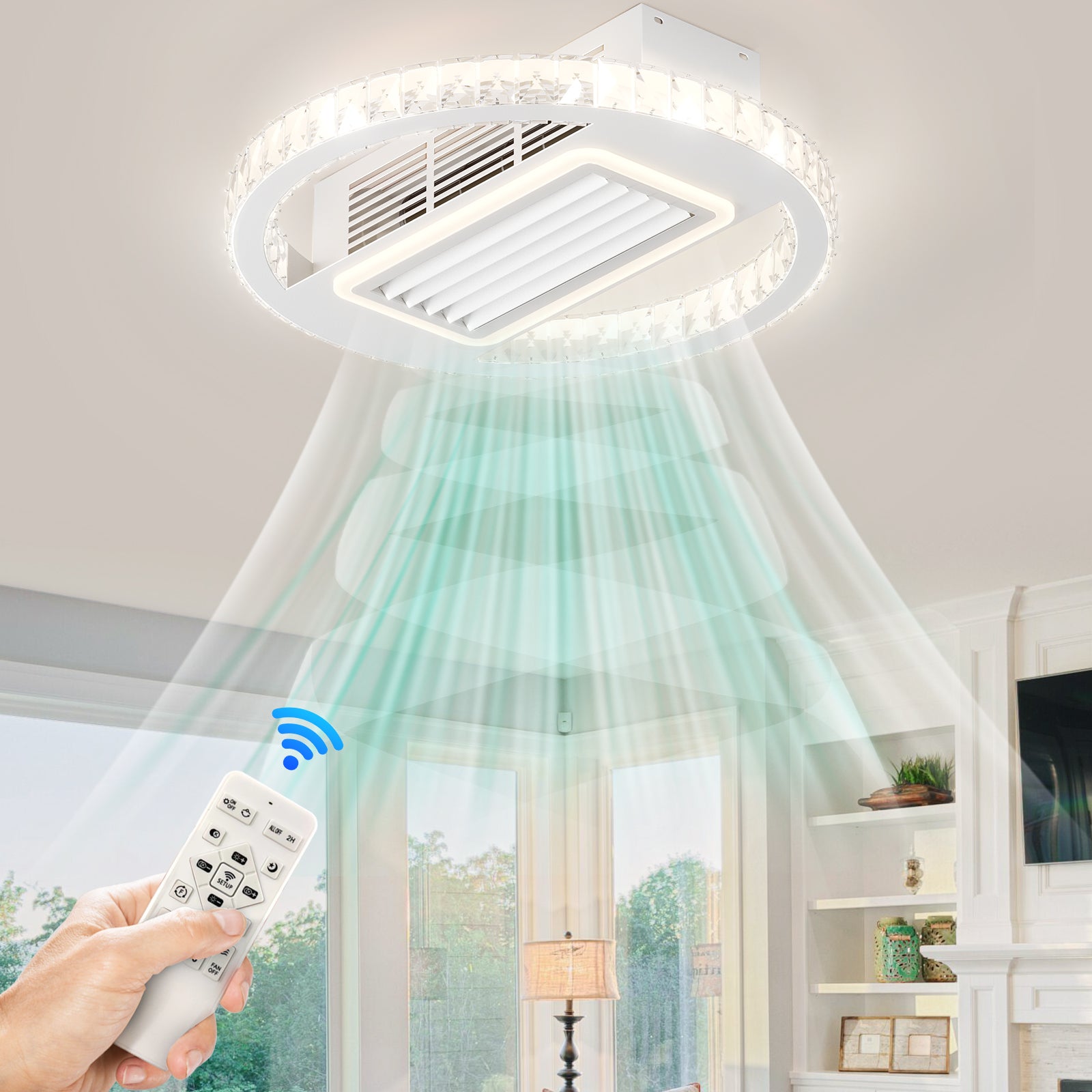 22Inch Modern Leafless Ceiling Fan With Remote Control Removable And Washable, Reversible Motor White Modern Crystal