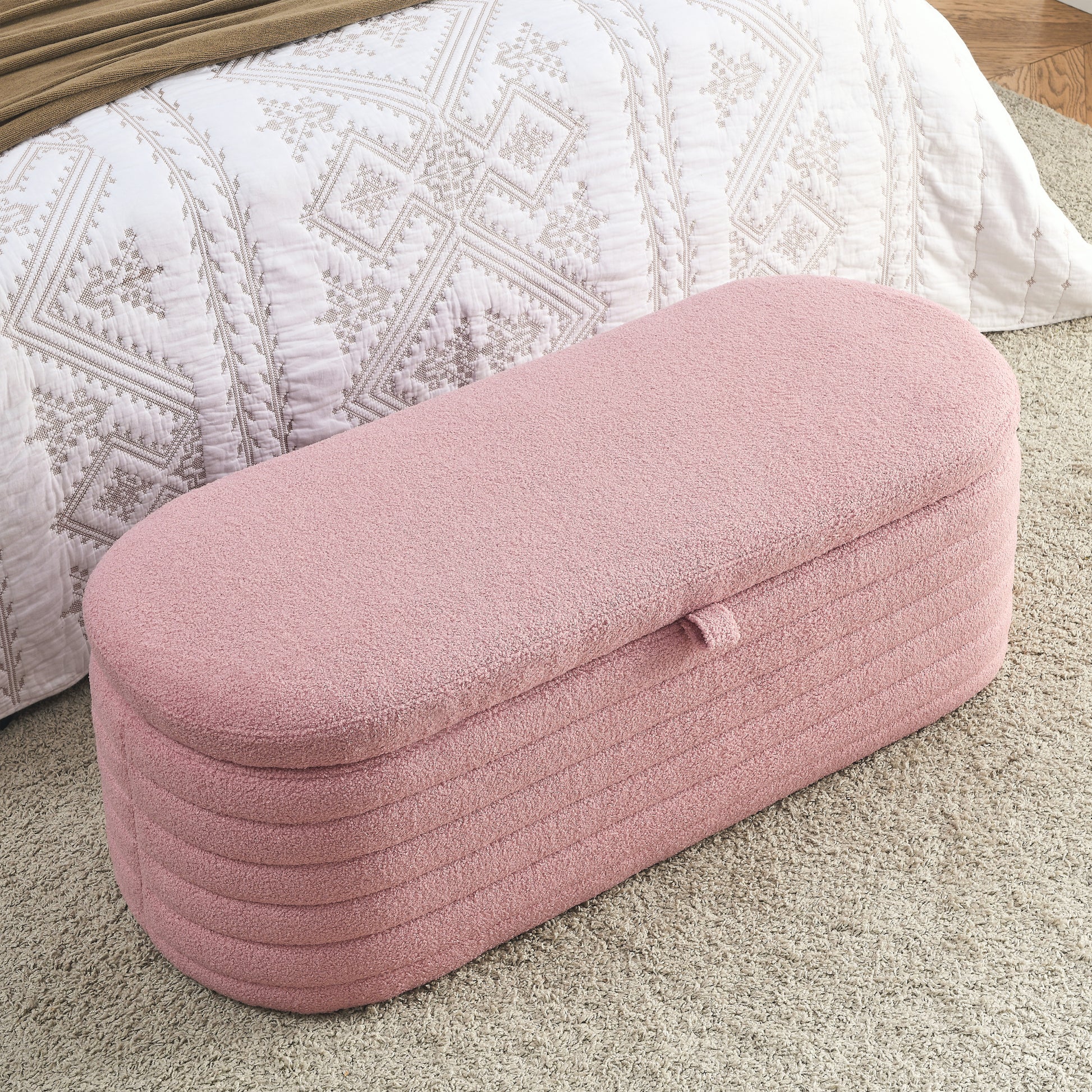 Video Welike Length 45.5 Inchesstorage Ottoman Bench Upholstered Fabric Storage Bench End Of Bed Stool With Safety Hinge For Bedroom, Living Room, Entryway, Pink Teddy. Pink Teddy Foam Fabric