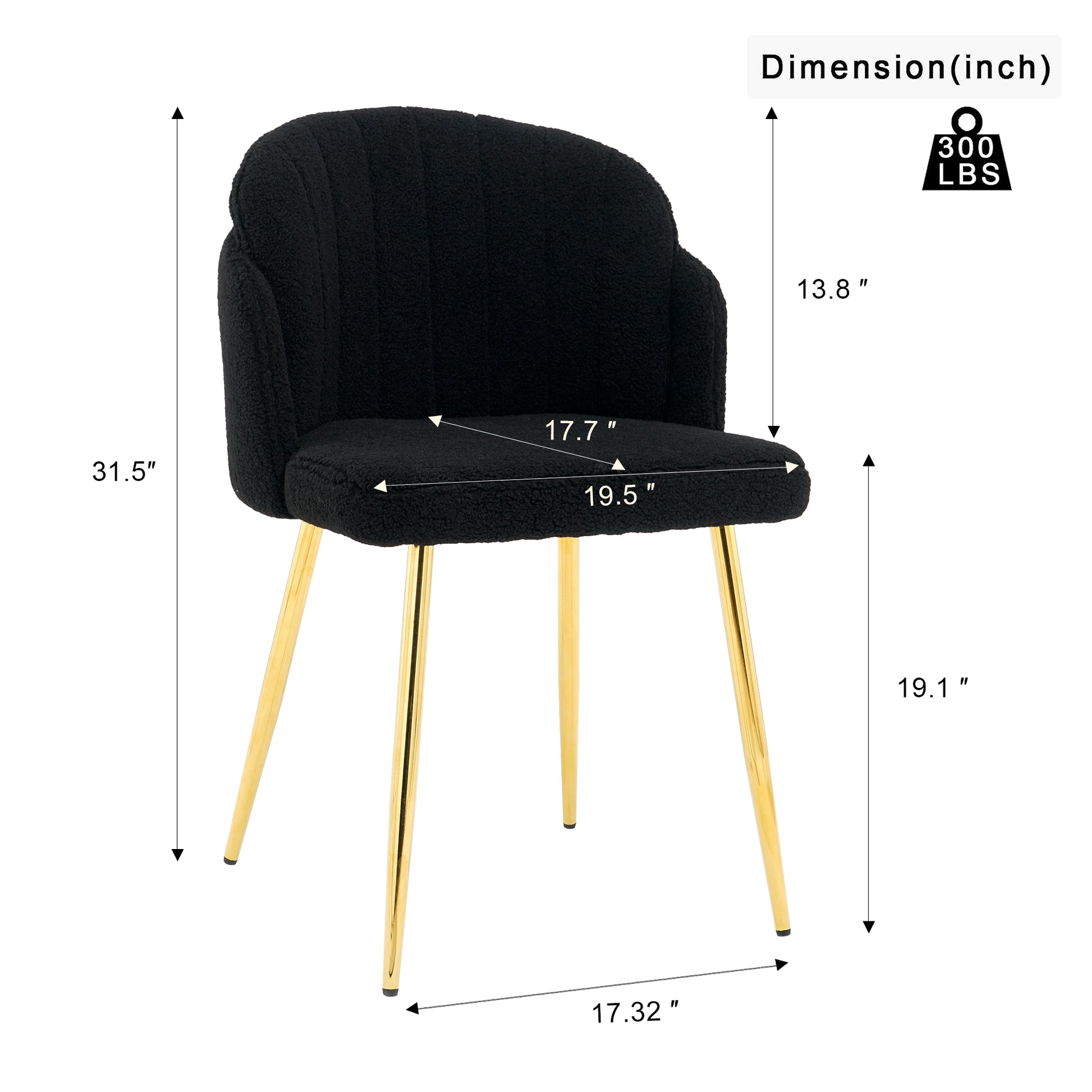 Modern Simple Black Teddy Fleece Dining Chair Fabric Upholstered Chairs Home Bedroom Stool Back Dressing Chair Gold Metal Legs Set Of 2 Black Foam Metal