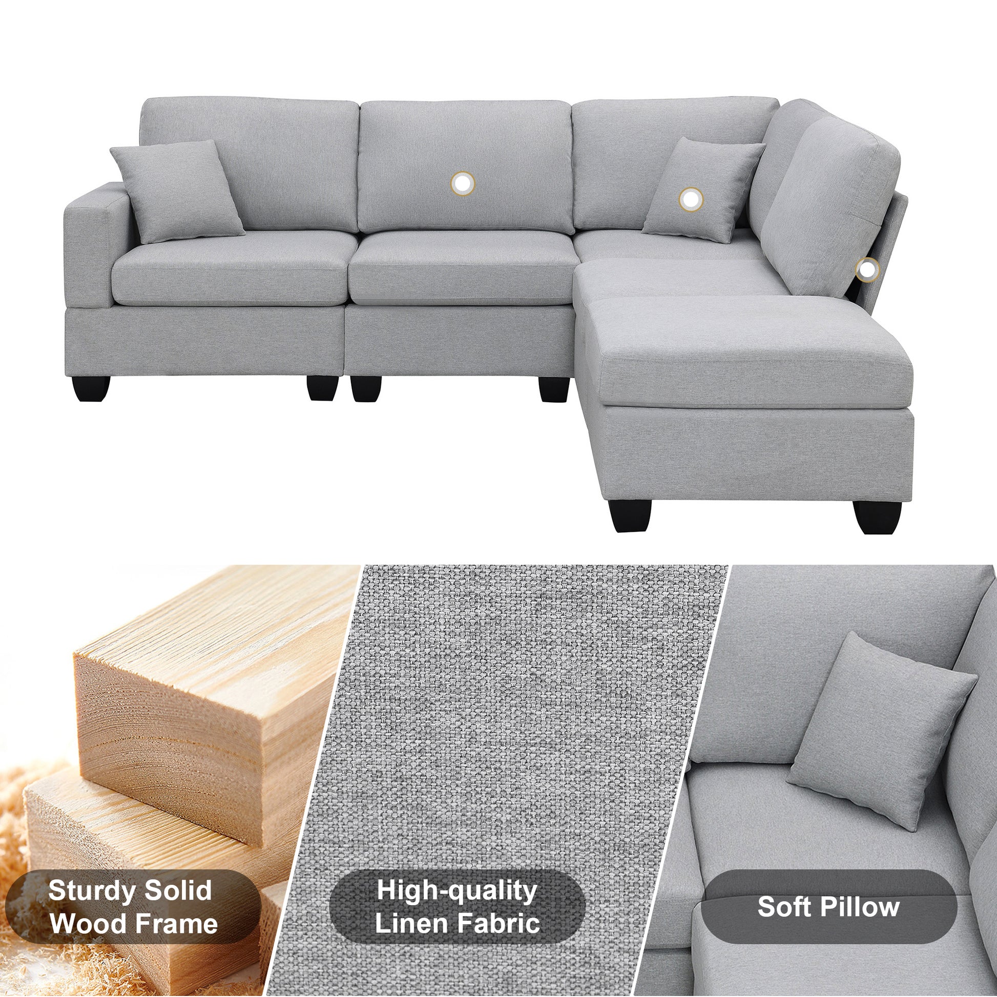 89.8*60.2" Modern Sectional Sofa,5 Seat Modular Couch Set With Convertible Ottoman,L Shape Linen Fabric Corner Couch Set With 2 Pillows For Living Room,Apartment,Office, 3 Colors Grey Linen