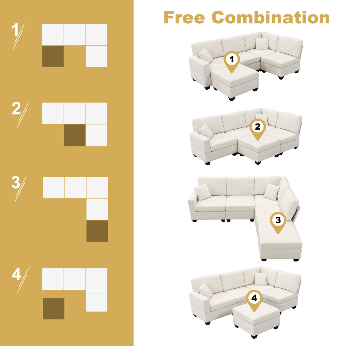 89.8*60.2" Modern Sectional Sofa,5 Seat Modular Couch Set With Convertible Ottoman,L Shape Linen Fabric Corner Couch Set With 2 Pillows For Living Room,Apartment,Office, 3 Colors Beige Linen