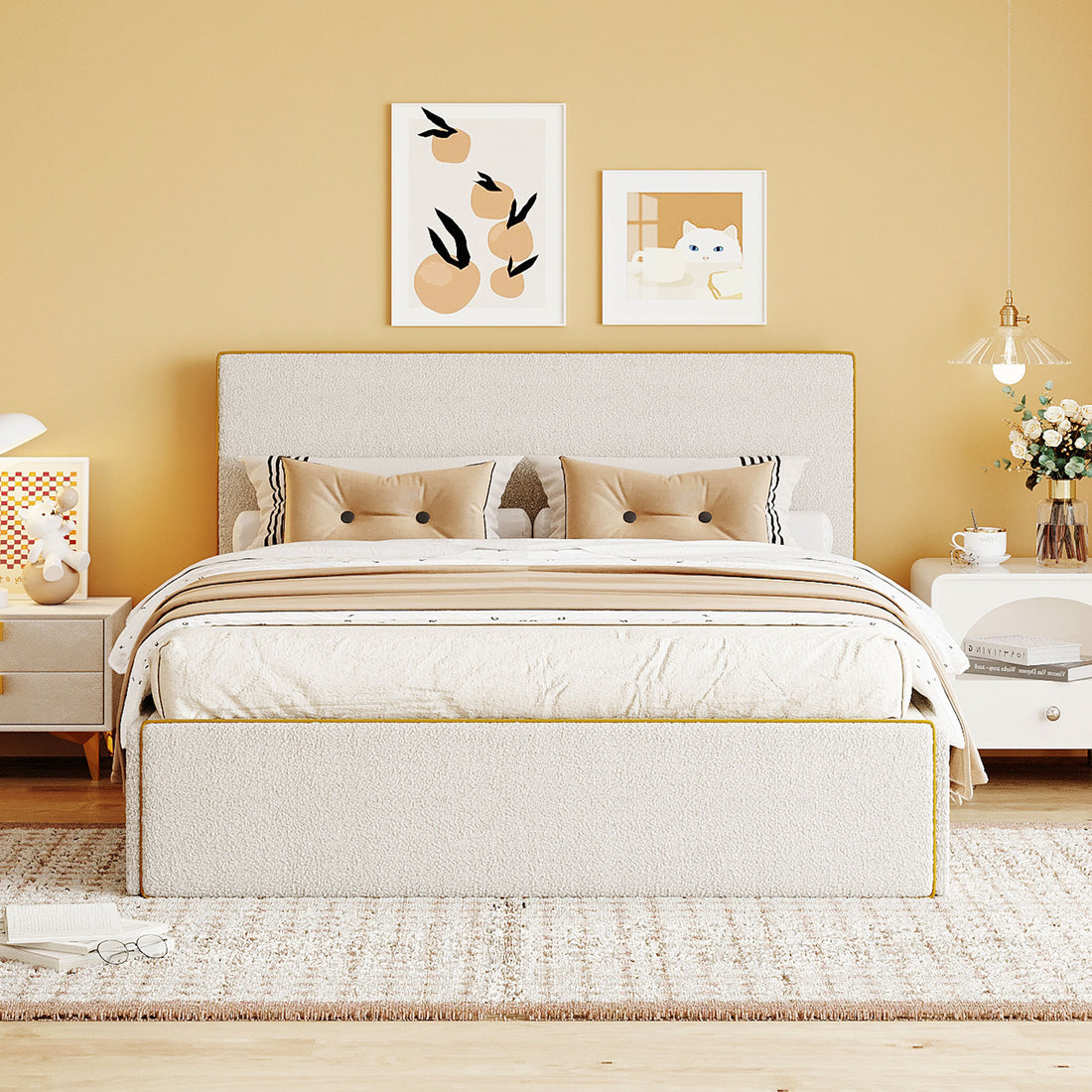 Full Size Upholstered Platform Bed With 4 Drawers And Golden Edge On The Headboard & Footboard, White Full White Upholstered