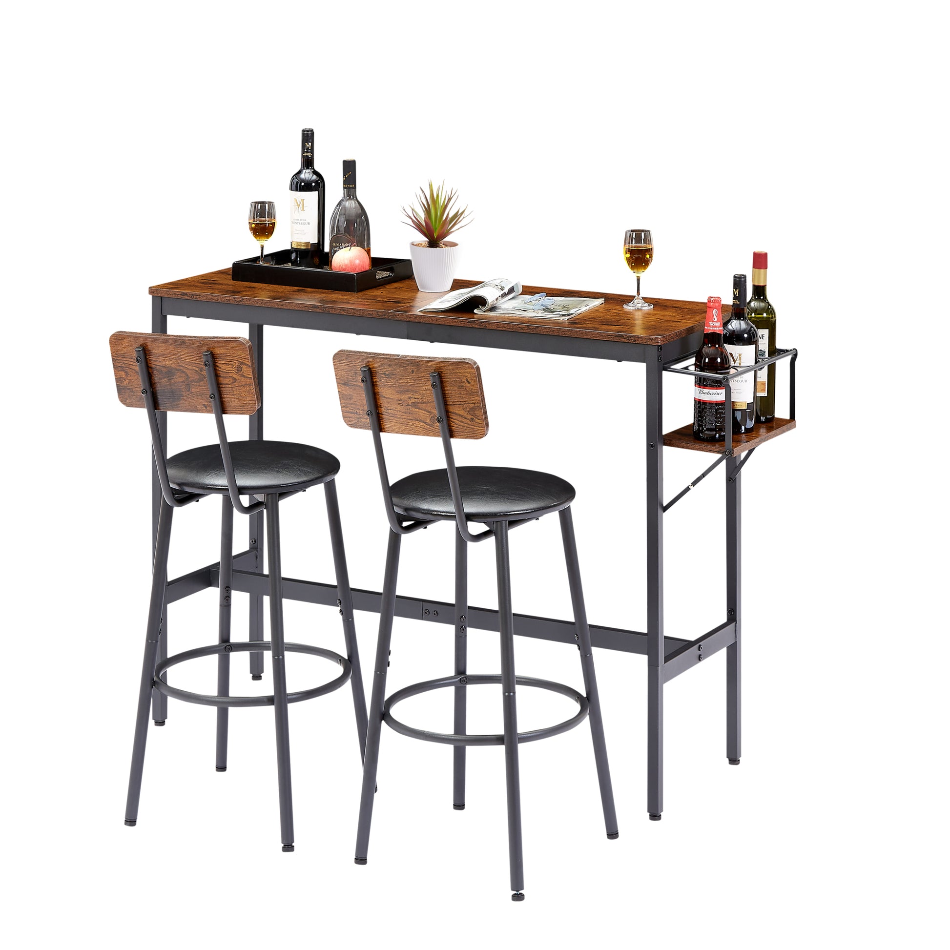 Bar Table Set With Wine Bottle Storage Rack. Rustic Brown,47.24'' L X 15.75'' W X 35.43'' H. Rustic Brown Particle Board