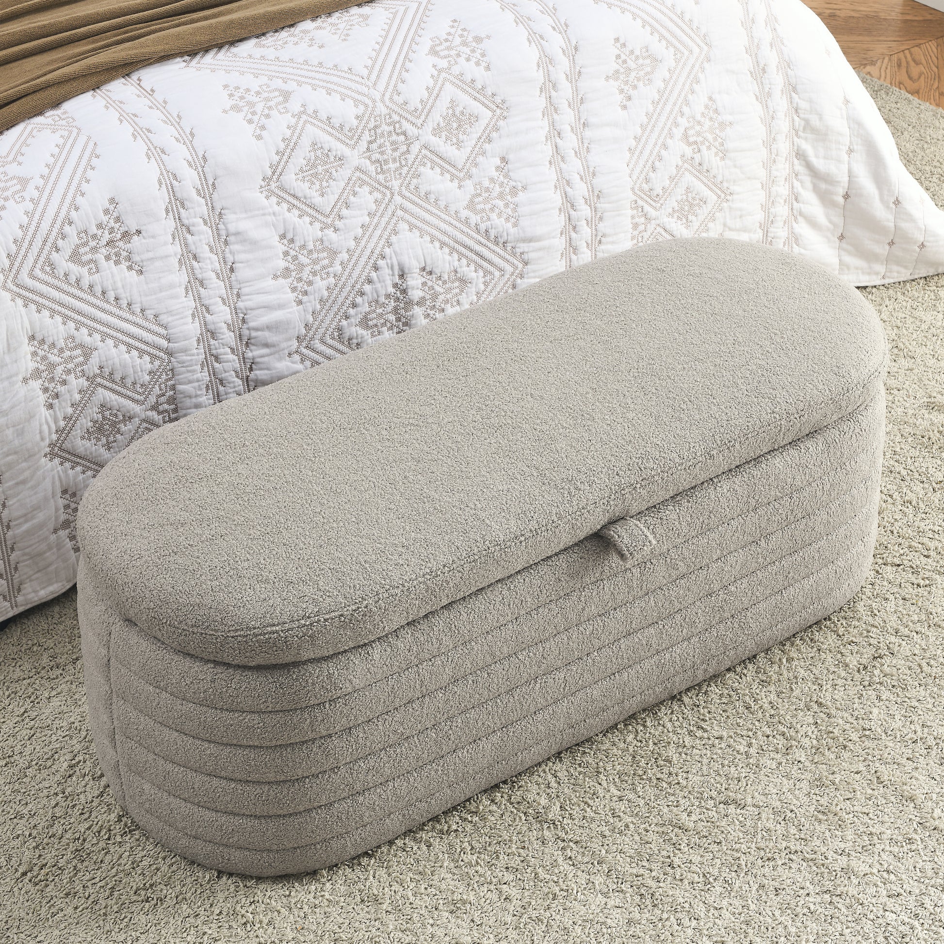 Video Welike Length 45.5 Inchesstorage Ottoman Bench Upholstered Fabric Storage Bench End Of Bed Stool With Safety Hinge For Bedroom, Living Room, Entryway, Grey Teddy. Grey Foam Fabric