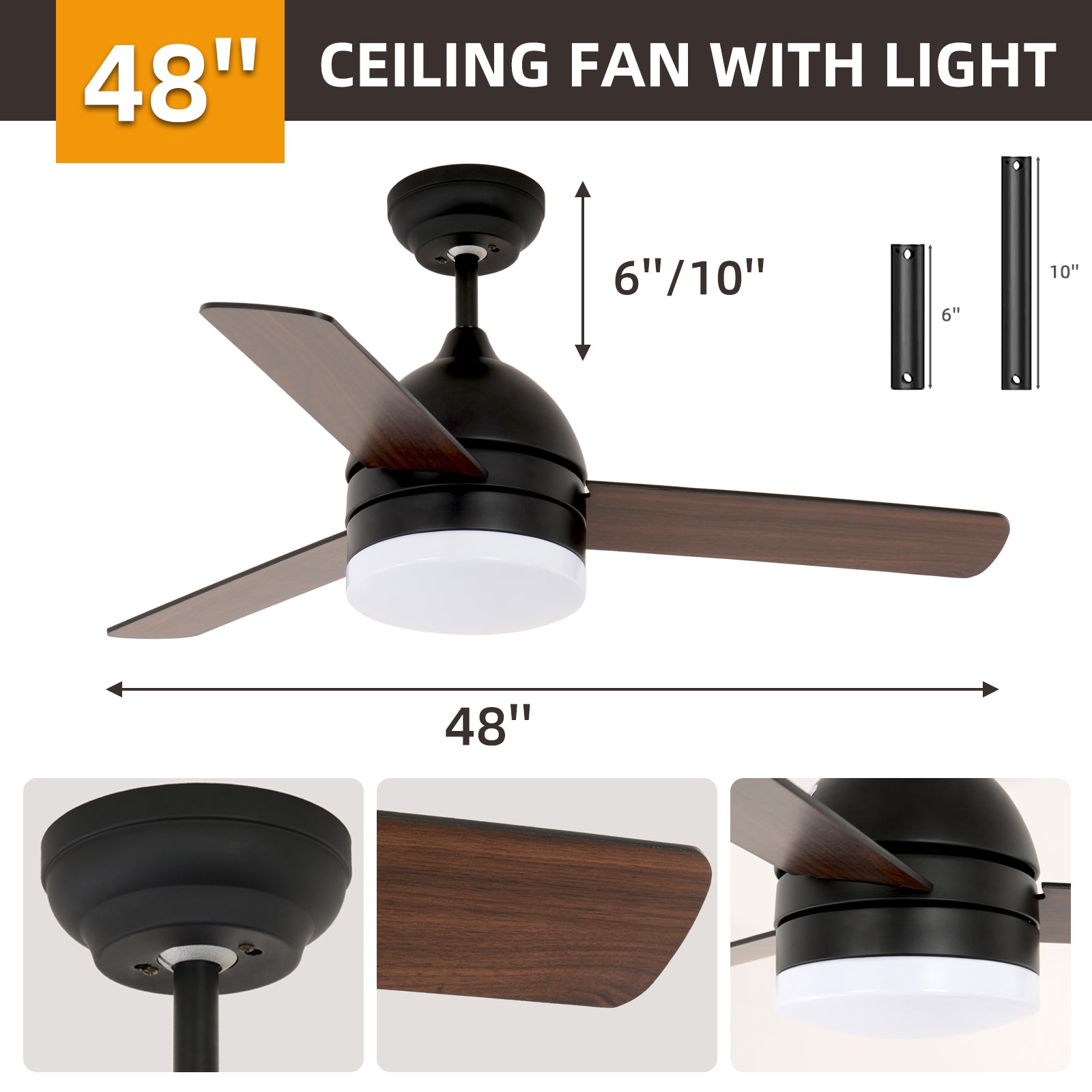 48 Inch Minimalist Straight Blade Fan Black Metal & Wood