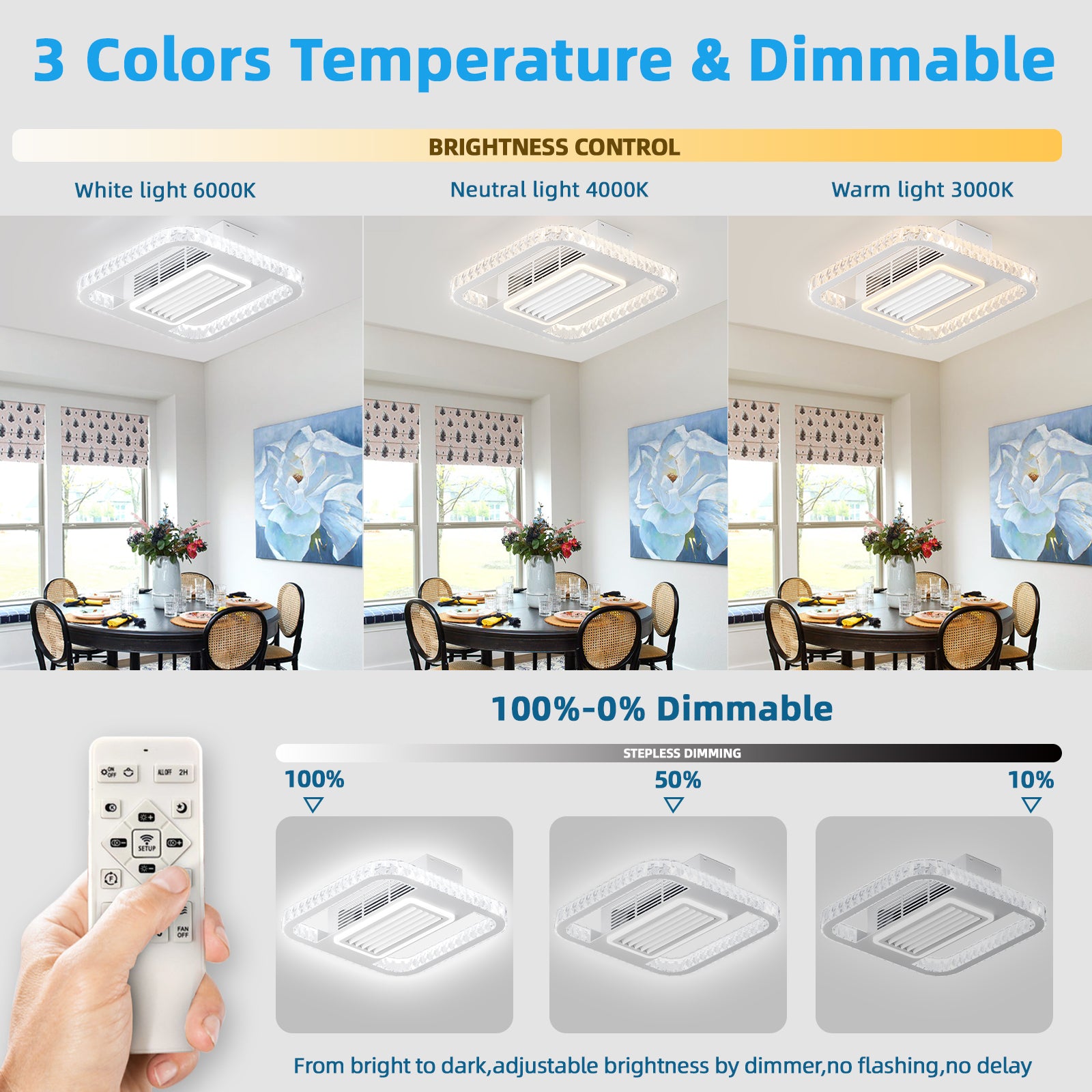 21Inch Modern Leafless Ceiling Fan With Remote Control Removable And Washable, Reversible Motor White Modern Crystal