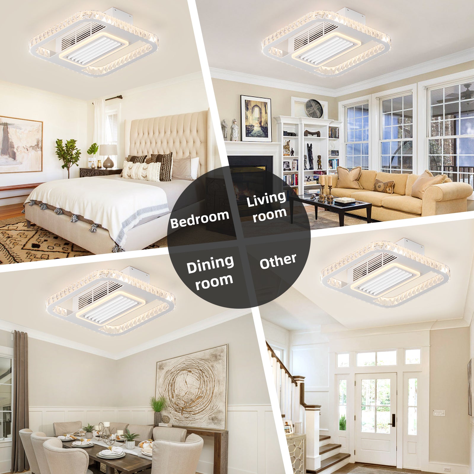 21Inch Modern Leafless Ceiling Fan With Remote Control Removable And Washable, Reversible Motor White Modern Crystal