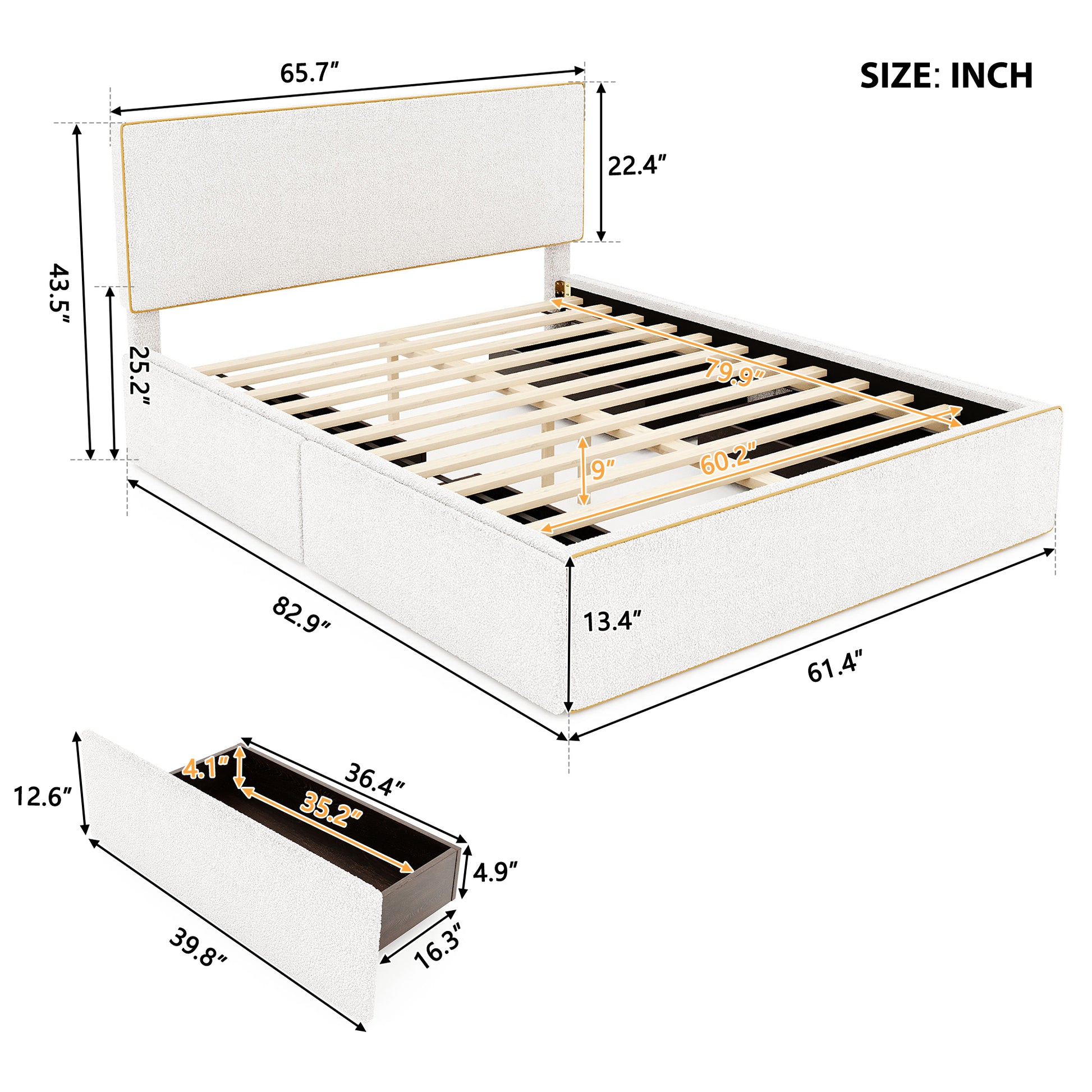 Queen Size Upholstered Platform Bed With 4 Drawers And Golden Edge On The Headboard & Footboard, White Queen White Upholstered