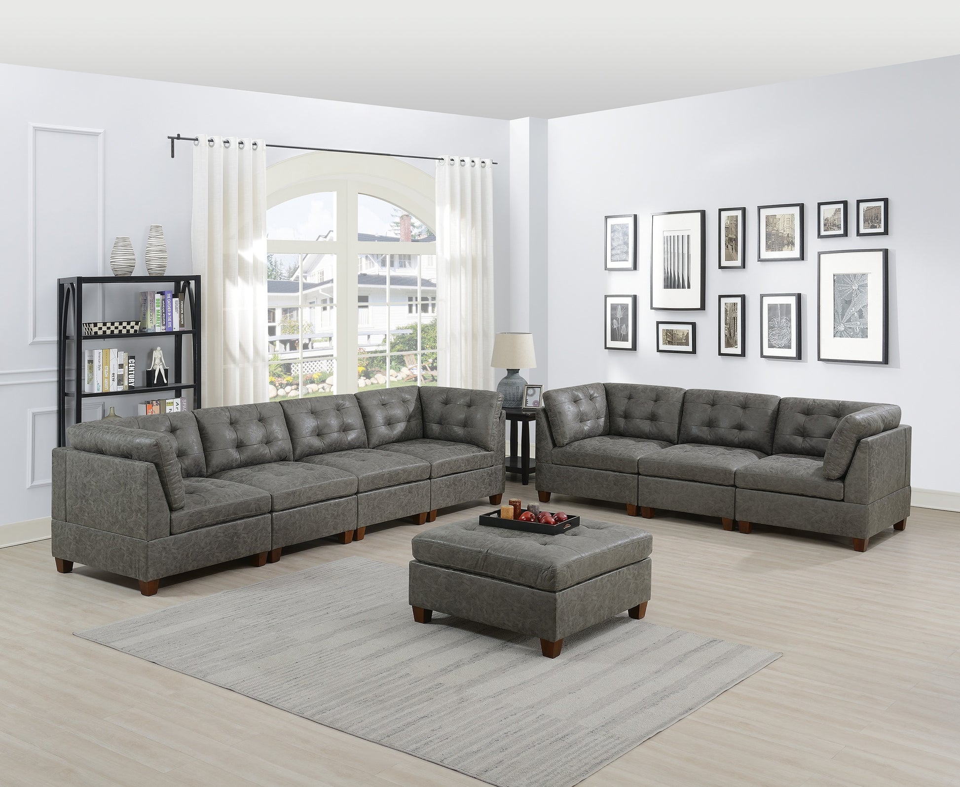 Living Room Furniture Antique Grey Modular Sofa Set 8Pc Set Tufted Couch 4X Corner Wedge 3X Armless Chairs And 1X Ottoman Antique Gray Wood Primary Living Space Tufted Back Contemporary,Modern,Transitional Modular Faux Leather 8 Seat