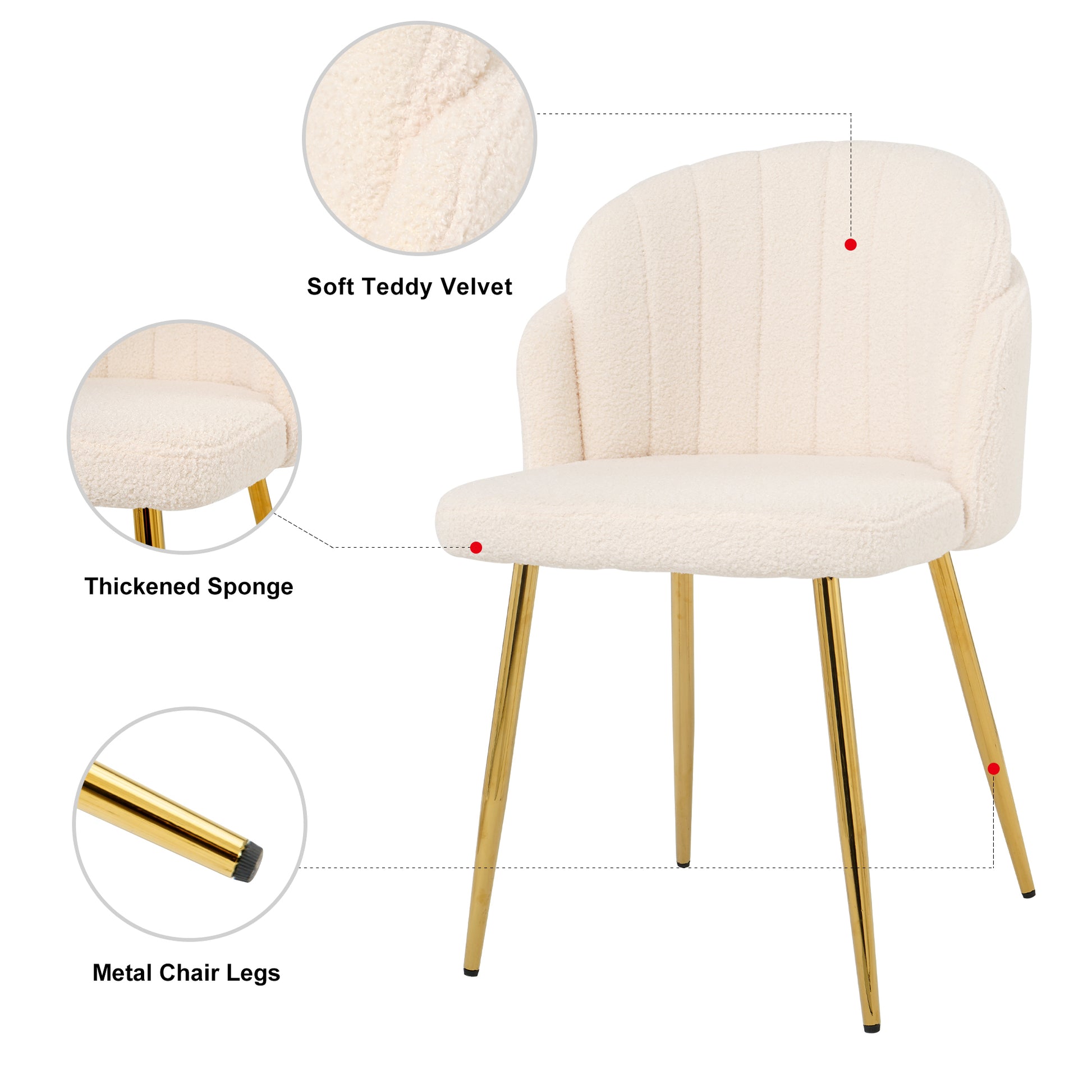 Modern Simple Teddy Fleece Dining Chair Fabric Upholstered Chairs Home Bedroom Stool Back Dressing Chair Gold Metal Legs Set Of 2 Beige Metal