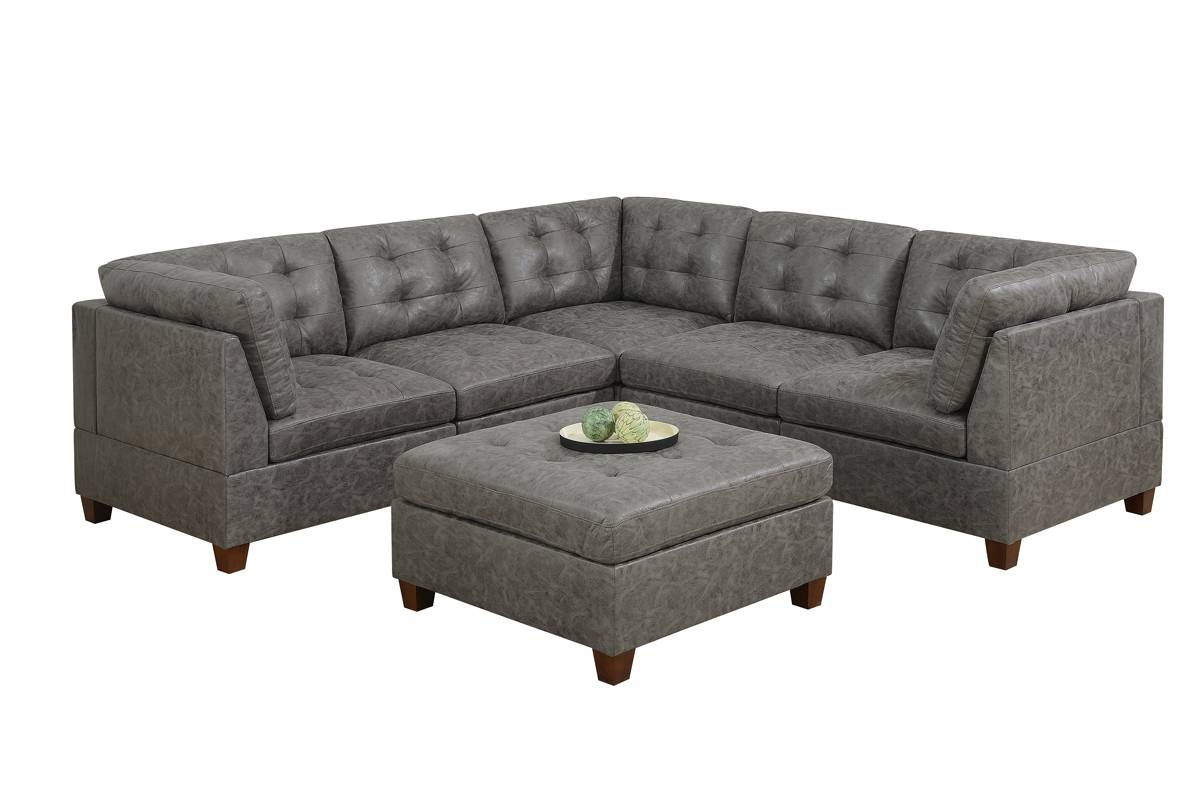 Living Room Furniture Antique Grey Modular Sectional 6Pc Set Tufted Couch 3X Corner Wedge 2X Armless Chairs And 1X Ottoman Antique Gray Wood Primary Living Space Tufted Back Contemporary,Modern,Transitional Modular Faux Leather 6 Seat