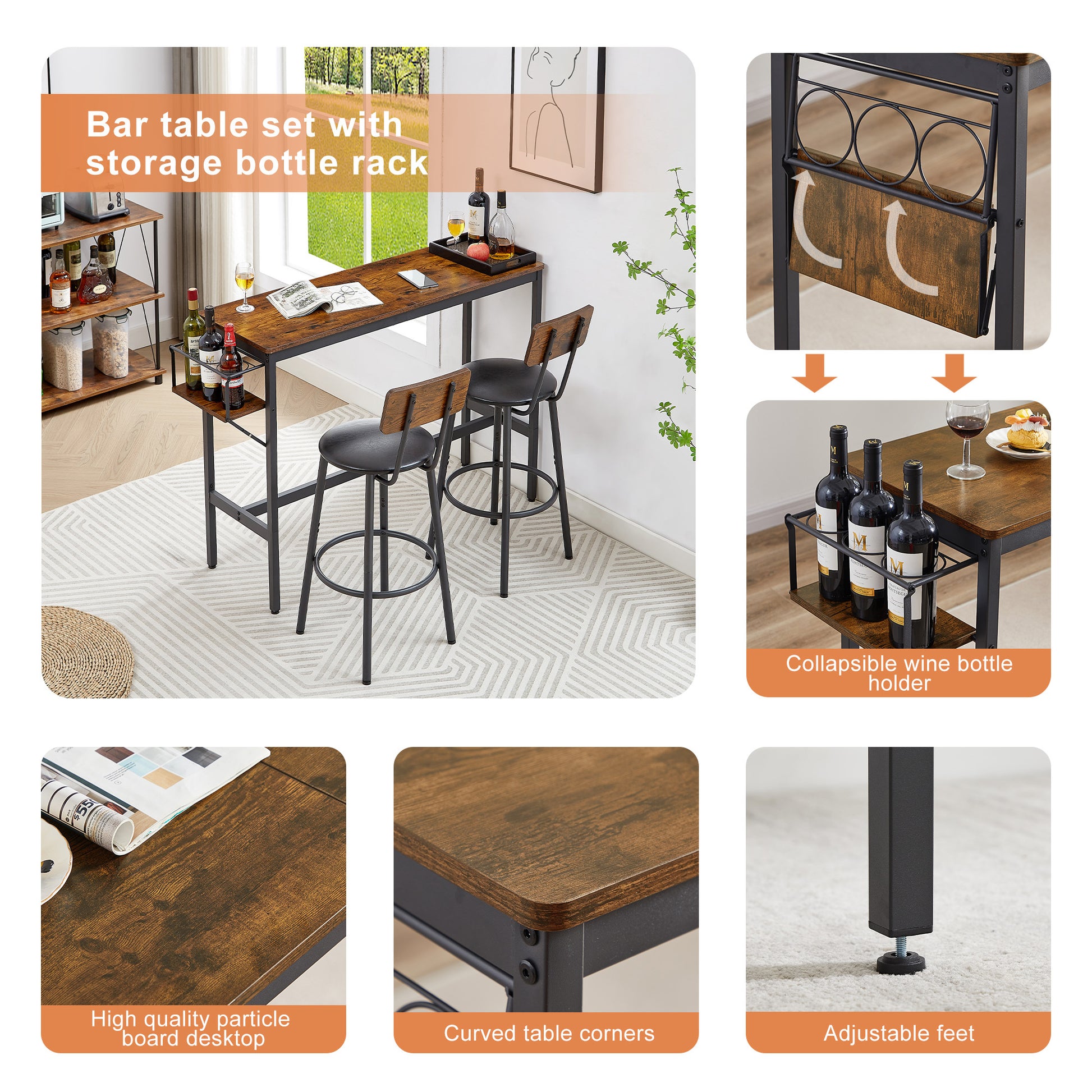 Bar Table Set With Wine Bottle Storage Rack. Rustic Brown,47.24'' L X 15.75'' W X 35.43'' H. Rustic Brown Particle Board