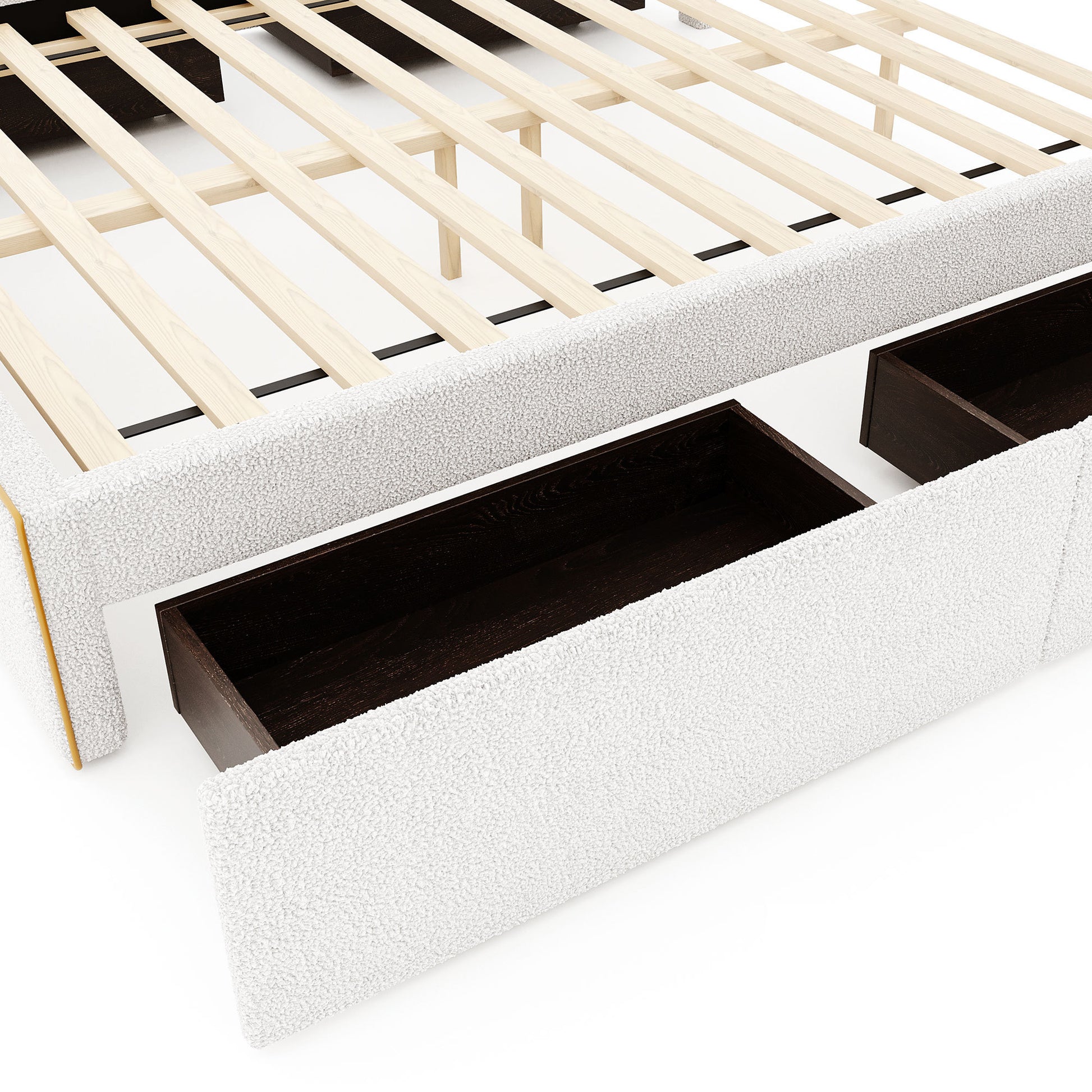 Queen Size Upholstered Platform Bed With 4 Drawers And Golden Edge On The Headboard & Footboard, White Queen White Upholstered