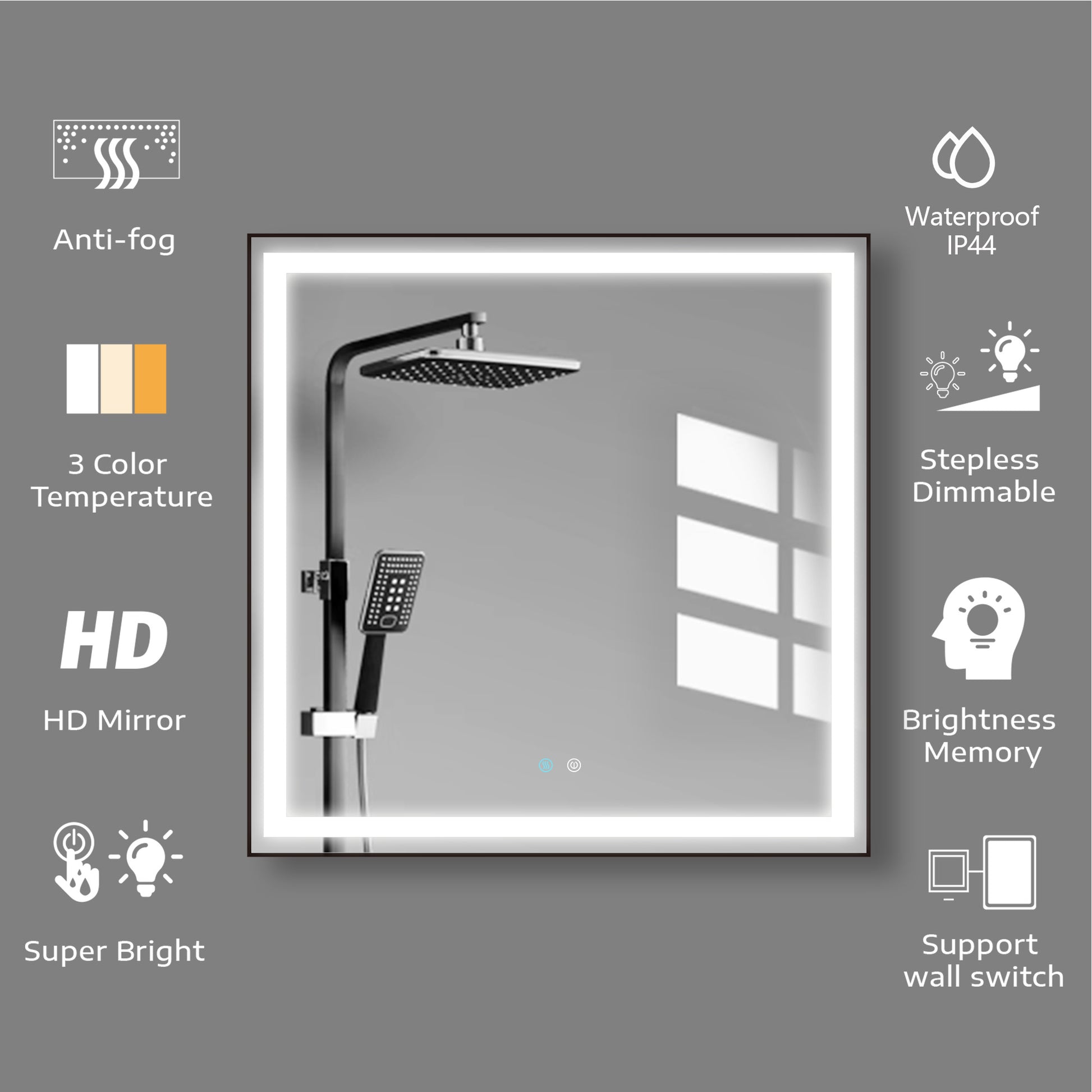 36 X 36 Led Mirror For Bathroom, Led Vanity Mirror, Adjustable 3 Color, Dimmable Vanity Mirror With Lights, Anti Fog, Touch Control Wall Mounted Bathroom Mirror,Vertical Natural Modern Glass