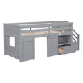 Twin Bed, Solid Wood Twin Size Low Loft Bed With Stair, Drawer, And Shelf Of Grey Color Gray Pine