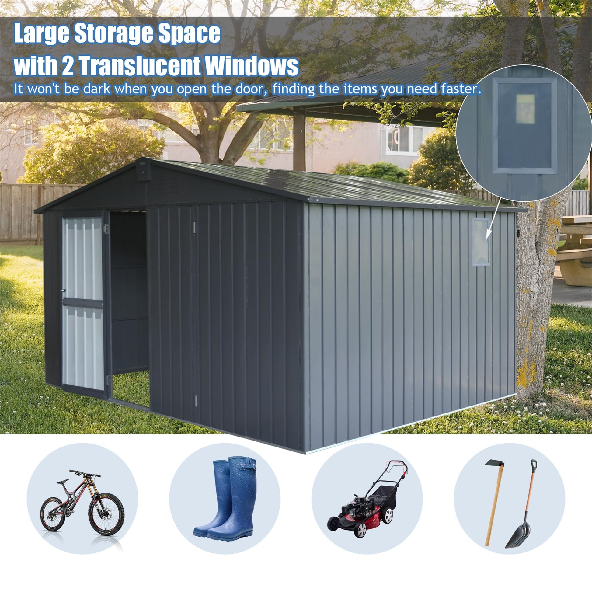 Backyard Storage Shed 11' X 12.5' With Galvanized Steel Frame & Windows, Outdoor Garden Shed Metal Utility Tool Storage Room With Lockable Door For Patio Dark Gray Dark Gray Metal