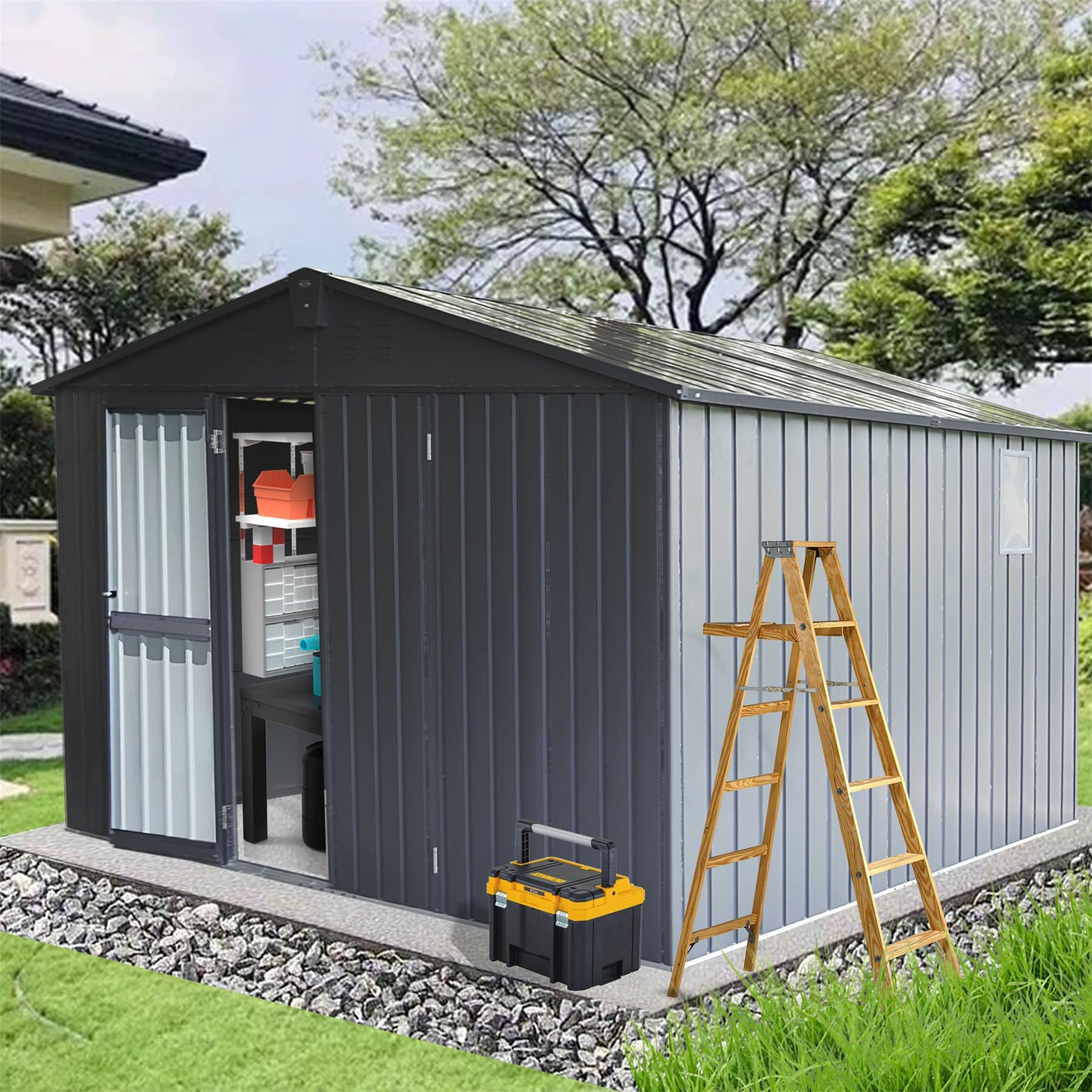 Backyard Storage Shed 11' X 12.5' With Galvanized Steel Frame & Windows, Outdoor Garden Shed Metal Utility Tool Storage Room With Lockable Door For Patio Dark Gray Dark Gray Metal