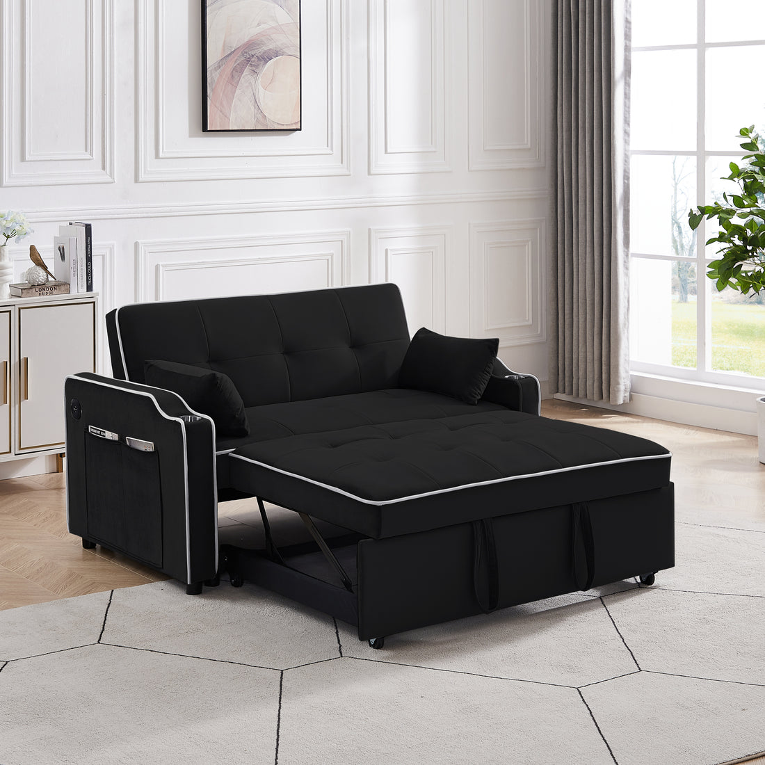 Sofa Bed, 3 In 1 Convertible Sofa Chair Bed, Adjustable Backrest Chair, Chaise Lounge With Usb Ports, Cup Holder, Side Pocket,Black Black Velvet