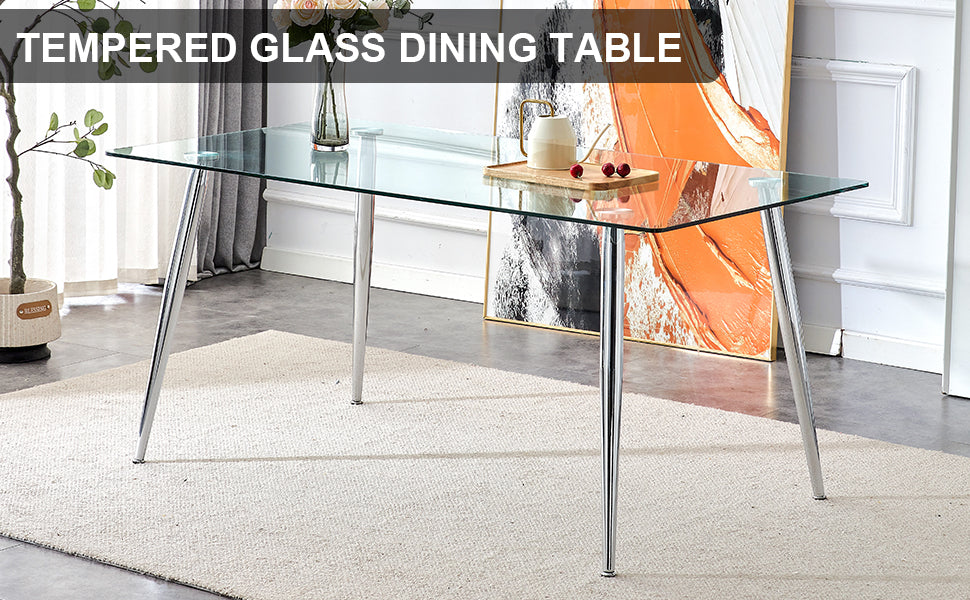 Modern Minimalist Rectangular Glass Dining Table, 0.4 Inch Thick Transparent Tempered Glass Tabletop And Silver Metal Legs, Suitable For Kitchens, Restaurants, And Living Rooms 63"*35.4"*30" Transparent Glass