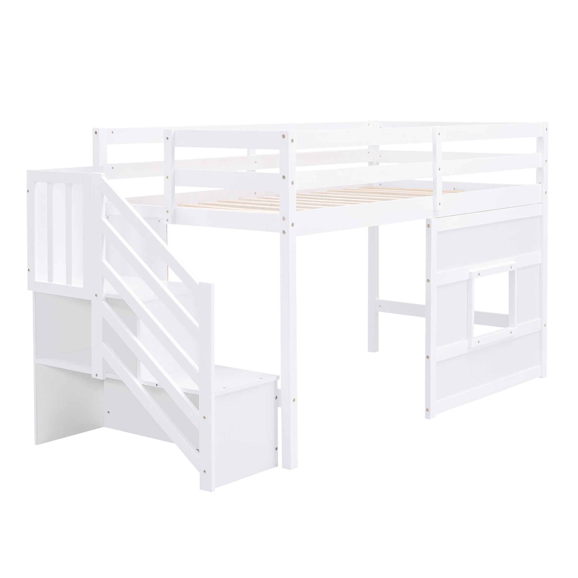 Twin Size Loft Bed With Storage Staircase And Window, White Box Spring Not Required Twin White Wood Bedroom Solid Wood Mdf