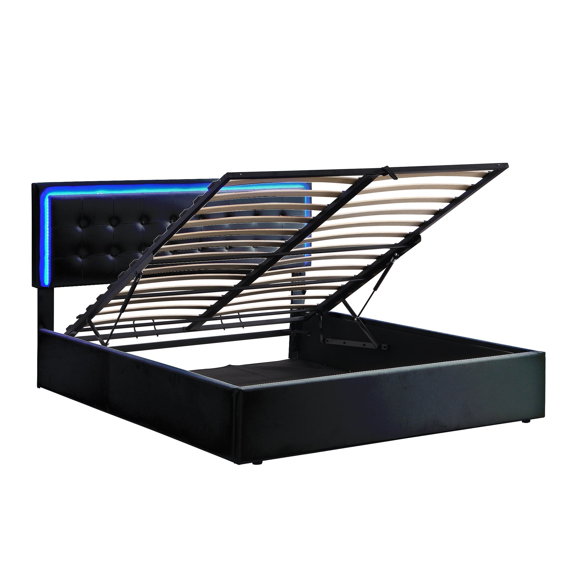 3 Pieces Bedroom Sets,Queen Size Upholstered Bed With Led Lights,Hydraulic Storage System, Two Nightstands With Crystal Decoration,Black Queen Black 3 Piece Set Wood