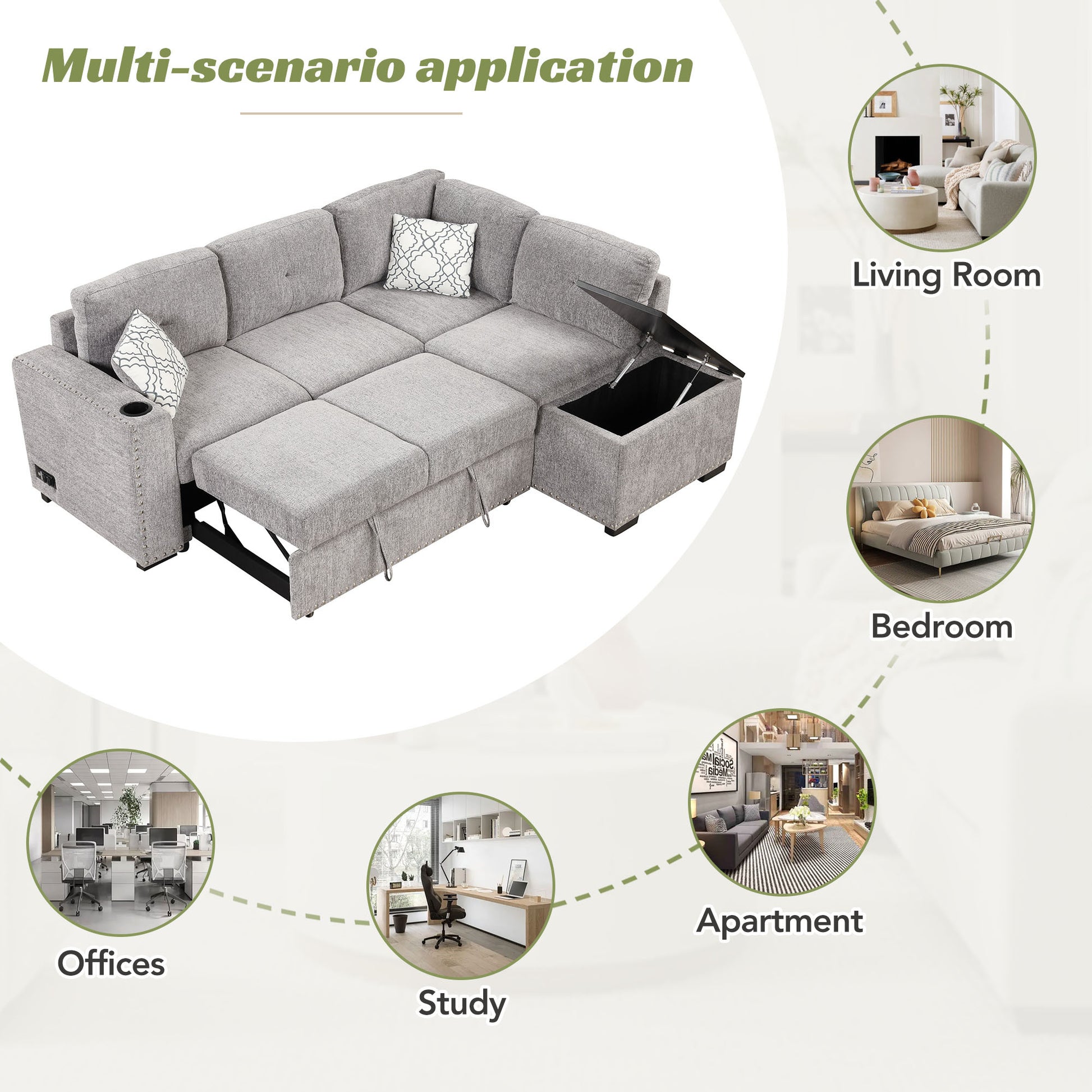 83.8" Sectional Pull Out Sofa Bed L Shaped Corner Sofa Couch With Storage Chaise, Usb Ports, Power Sockets, Cup Holder For Living Room, Bedroom, Study, Light Gray Light Grey Foam Chenille