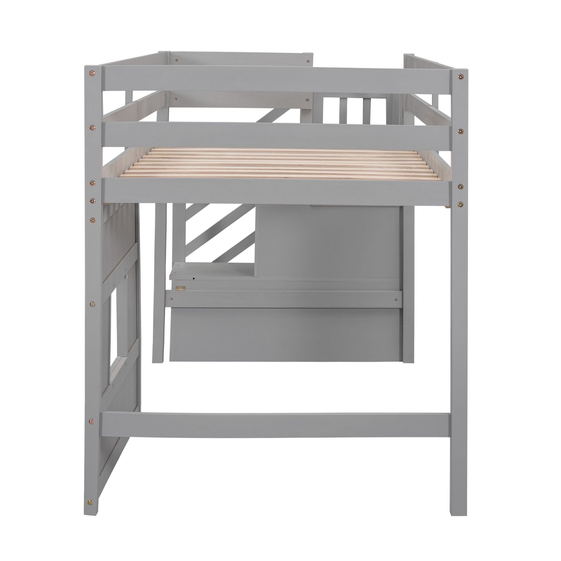 Twin Size Loft Bed With Storage Staircase And Window, Gray Box Spring Not Required Twin Gray Wood Bedroom Solid Wood Mdf