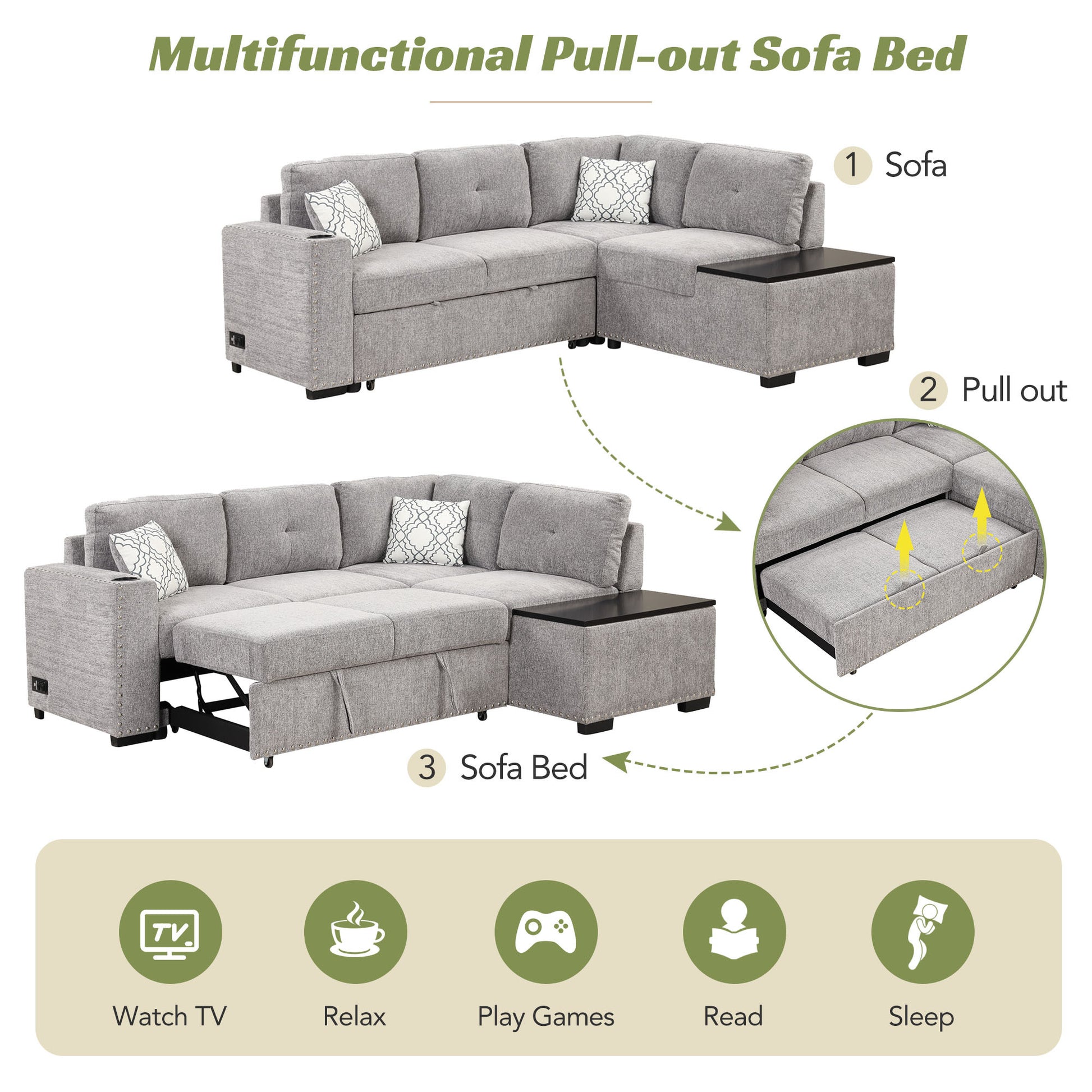 83.8" Sectional Pull Out Sofa Bed L Shaped Corner Sofa Couch With Storage Chaise, Usb Ports, Power Sockets, Cup Holder For Living Room, Bedroom, Study, Light Gray Light Grey Foam Chenille