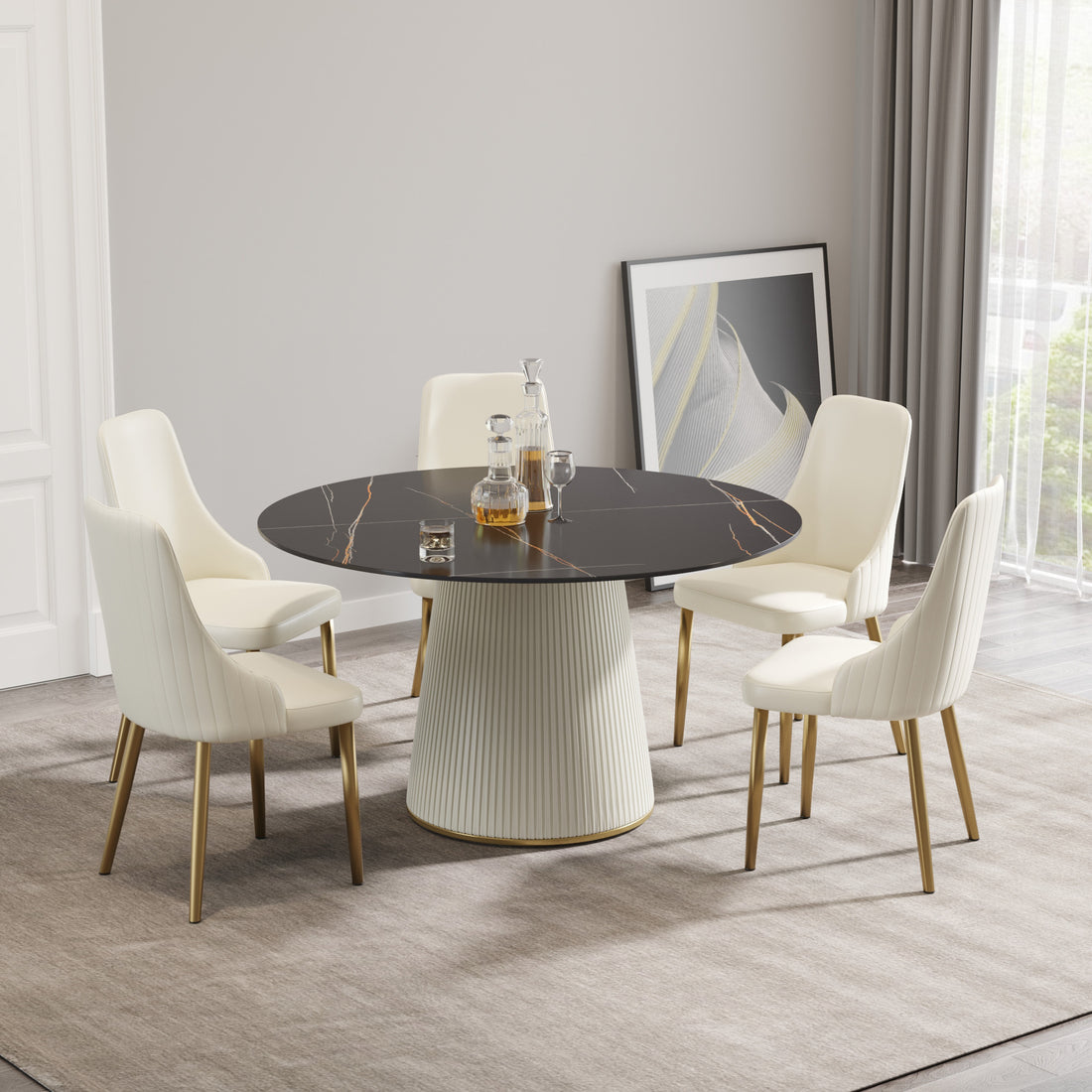 53.15 "Modern Black Artificial Stone Round Beige Plywood Pu Base Dining Table Can Accommodate 6 People. Not Including Chairs. Black Dining Room Plywood Sintered Stone