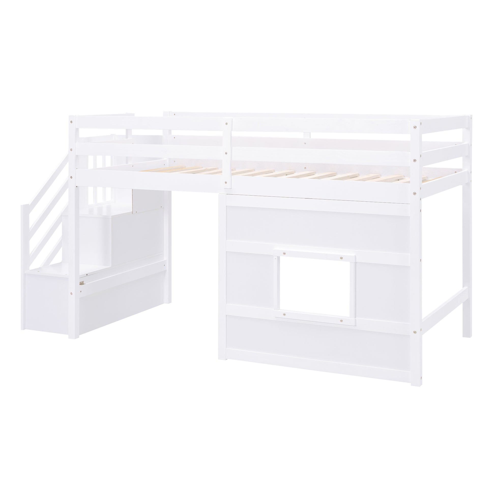 Twin Size Loft Bed With Storage Staircase And Window, White Box Spring Not Required Twin White Wood Bedroom Solid Wood Mdf